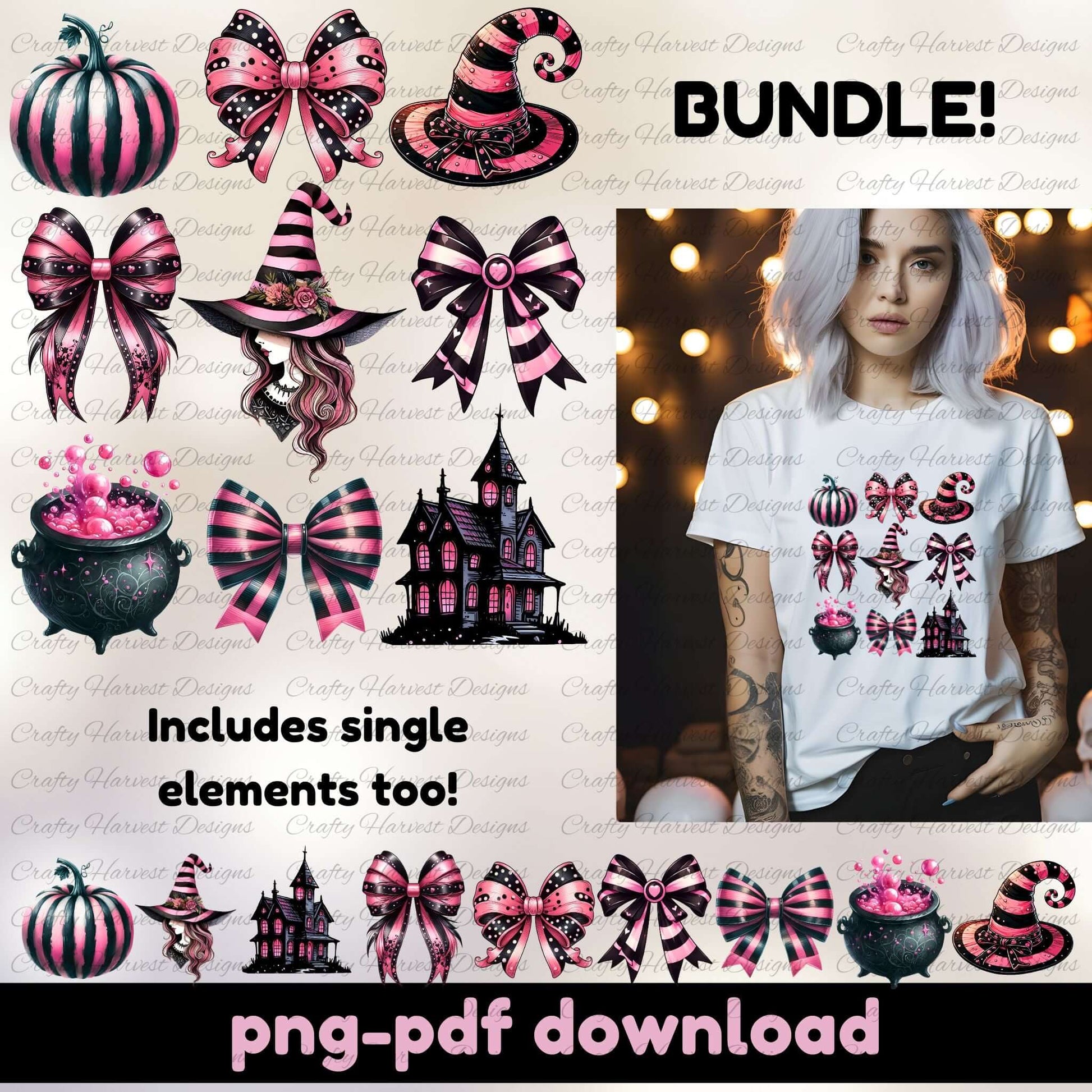 Halloween-themed graphics and a person wearing a shirt with similar designs on a light background.