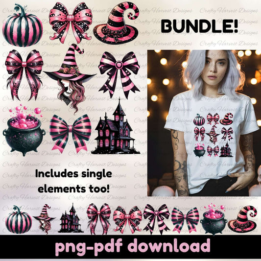 Halloween-themed graphics and a person wearing a shirt with similar designs on a light background.