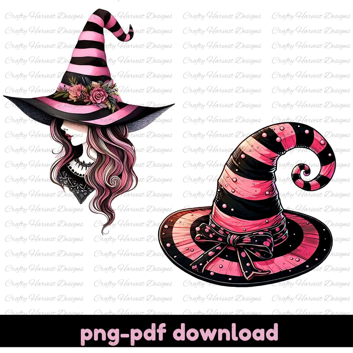 Pink and black witch hat with floral details on a white background, featuring 'Crafty Harvest Designs' branding.