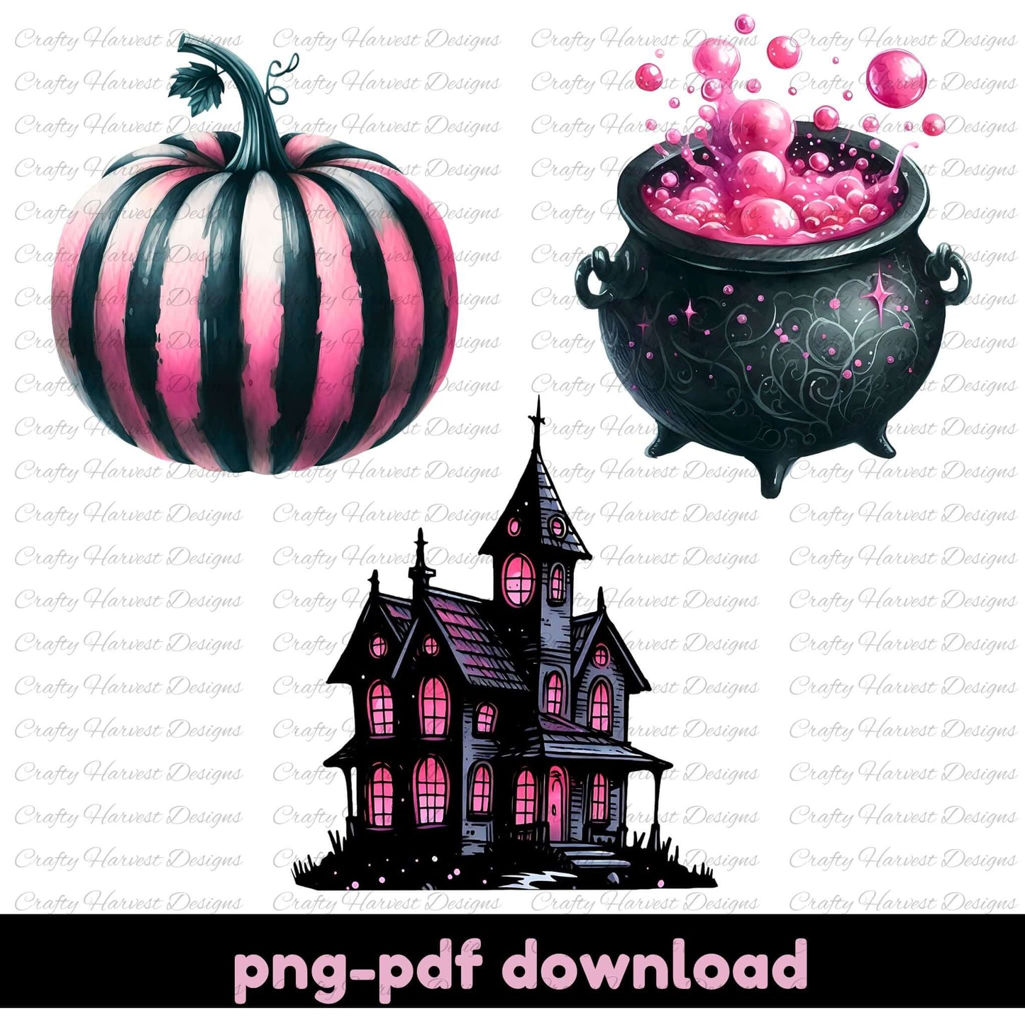 Halloween-themed graphics including a striped pumpkin, witch's cauldron with pink bubbles, and a haunted house silhouette on a white background.