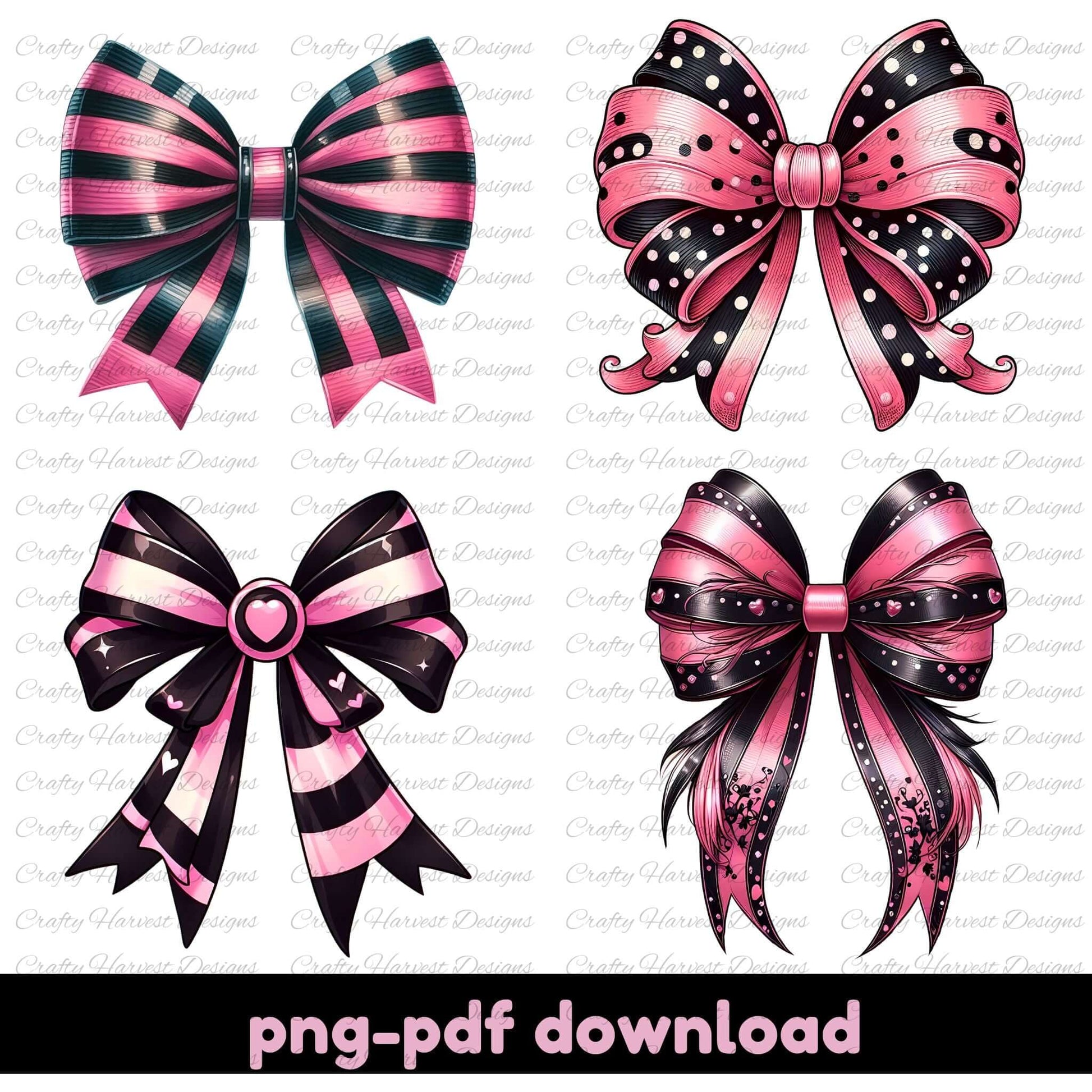 Four pink and black bows with different patterns on a white background.