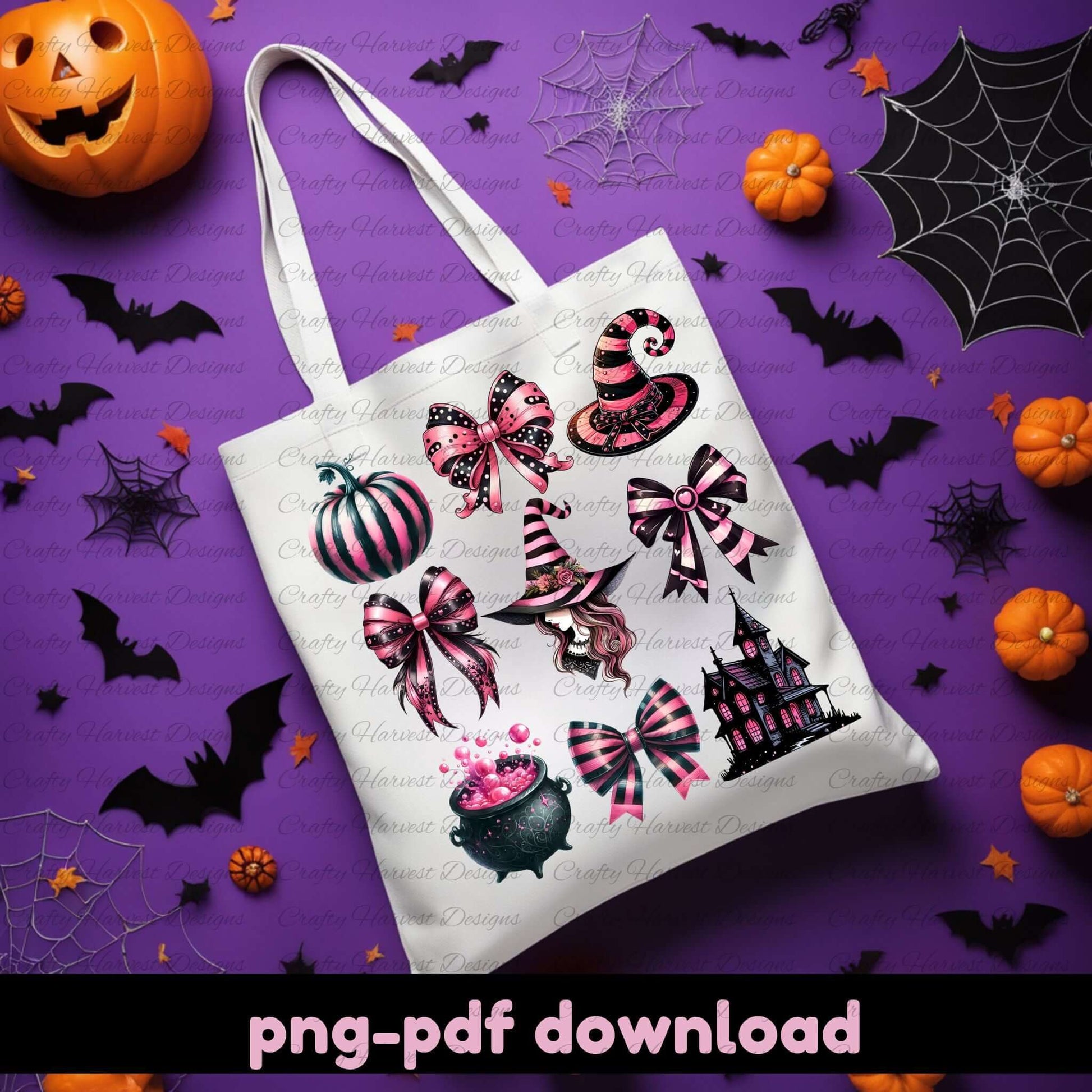 Tote bag with Halloween-themed design on a purple background with pumpkins and bats.