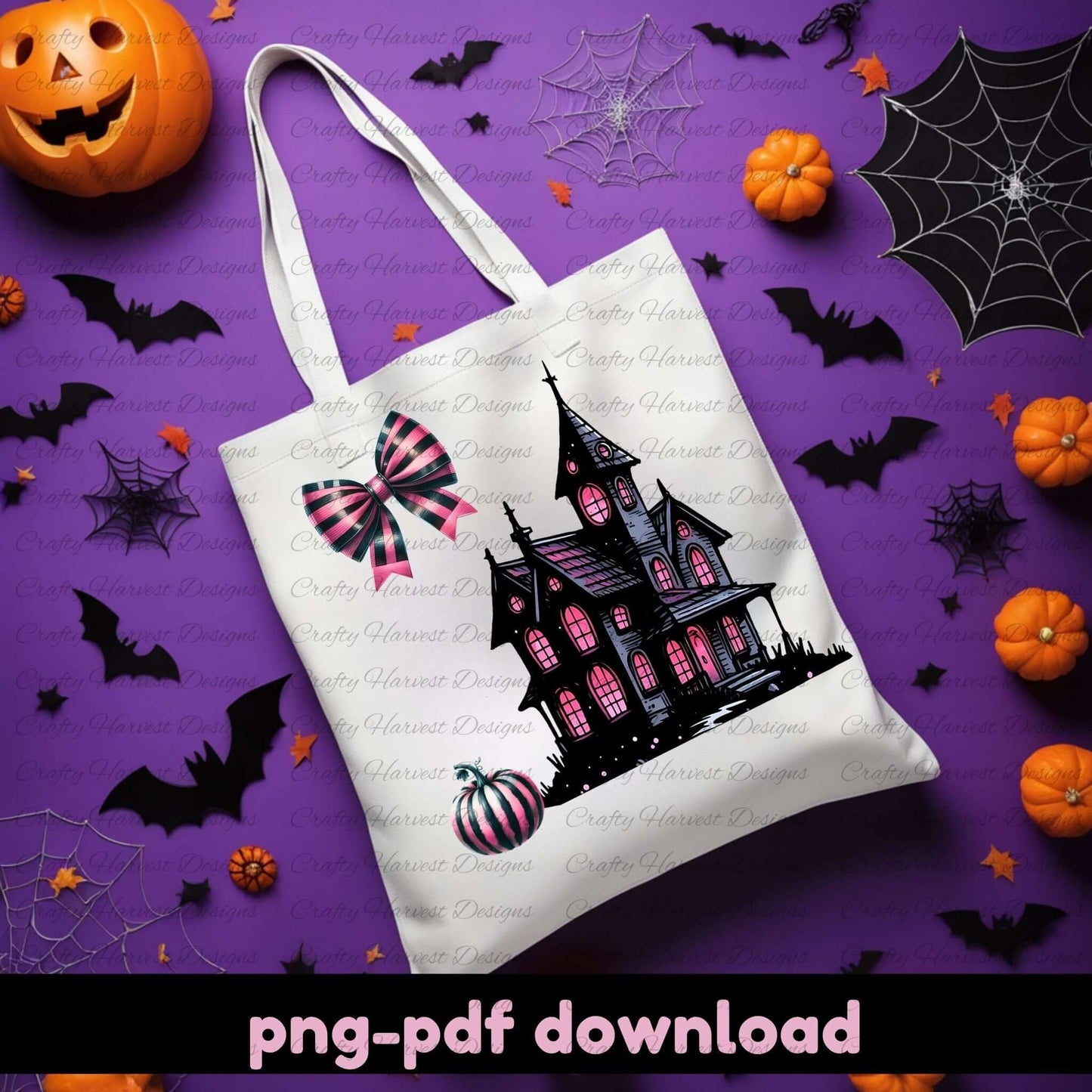 Tote bag with Halloween design featuring a haunted house on a purple background with pumpkins and bats.