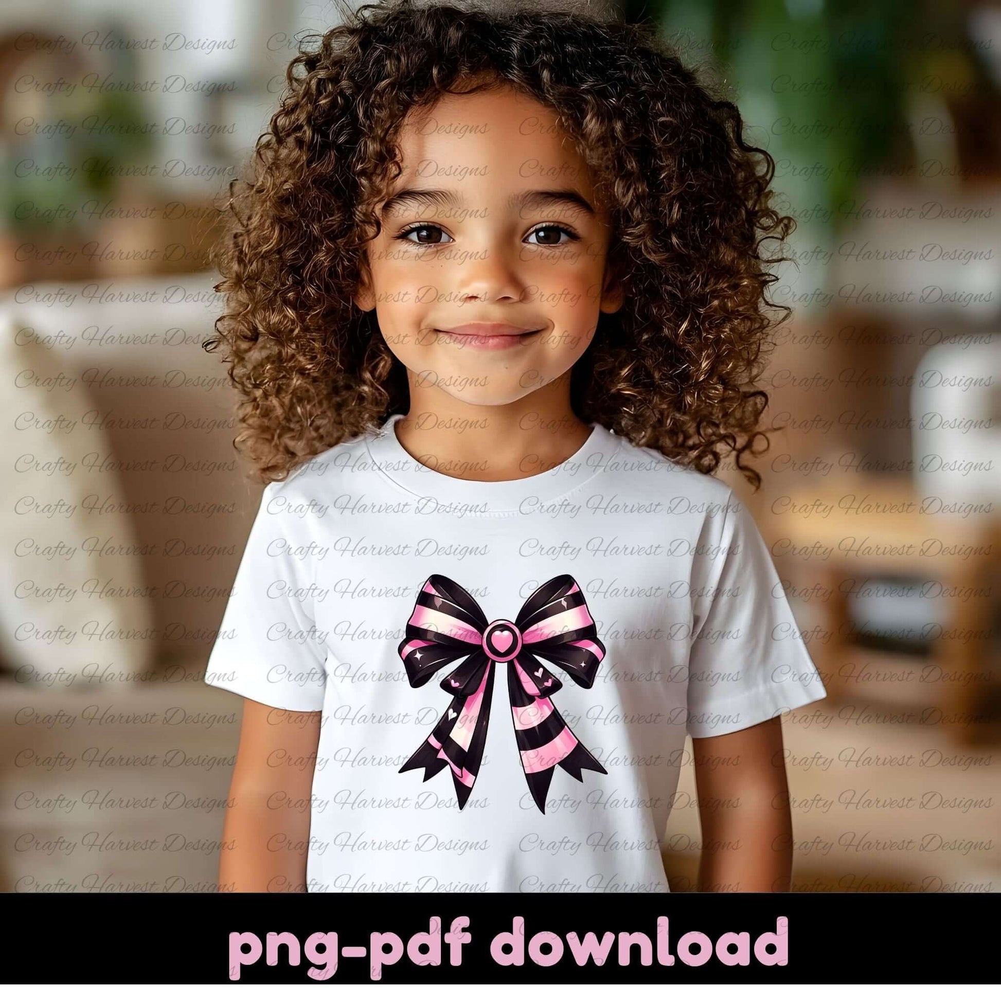 Child wearing a white t-shirt with a pink and black bow design, with 'png-pdf download' text at the bottom.