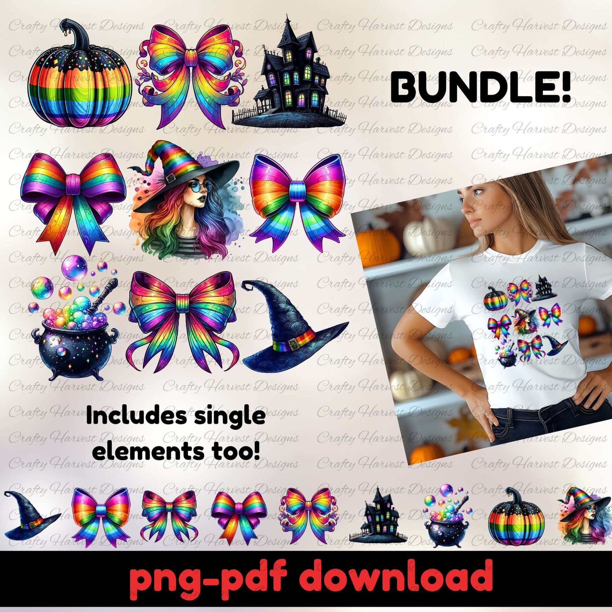Halloween-themed bundle with colorful bows, witch hats, pumpkins, and a haunted house, including a person wearing a t-shirt with the designs.