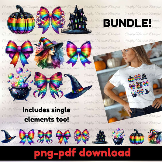Halloween-themed bundle with colorful bows, witch hats, pumpkins, and a haunted house, including a person wearing a t-shirt with the designs.