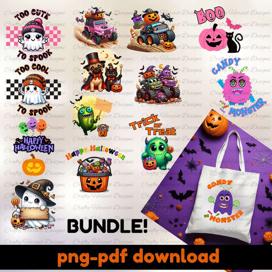 Collection of Halloween-themed designs and a tote bag with a monster design on a white background.