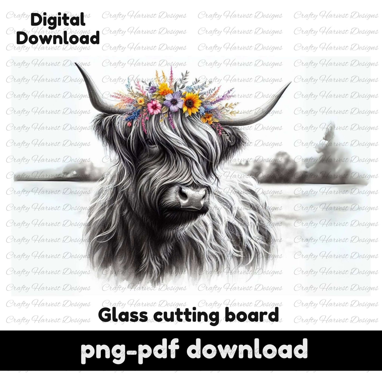 Digital download of a highland cow with floral crown on a glass cutting board design.