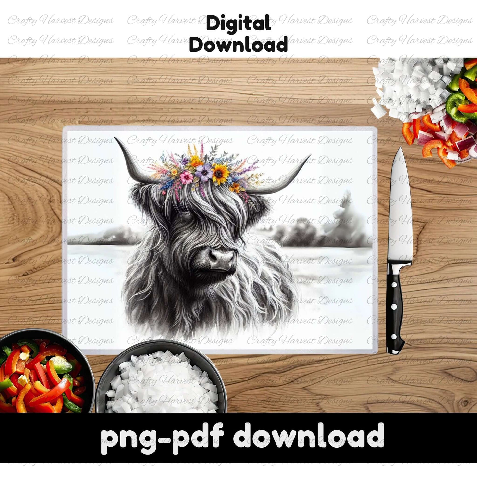 Butcher block with cutting board highland cow design, knife, and vegetables on a wooden surface