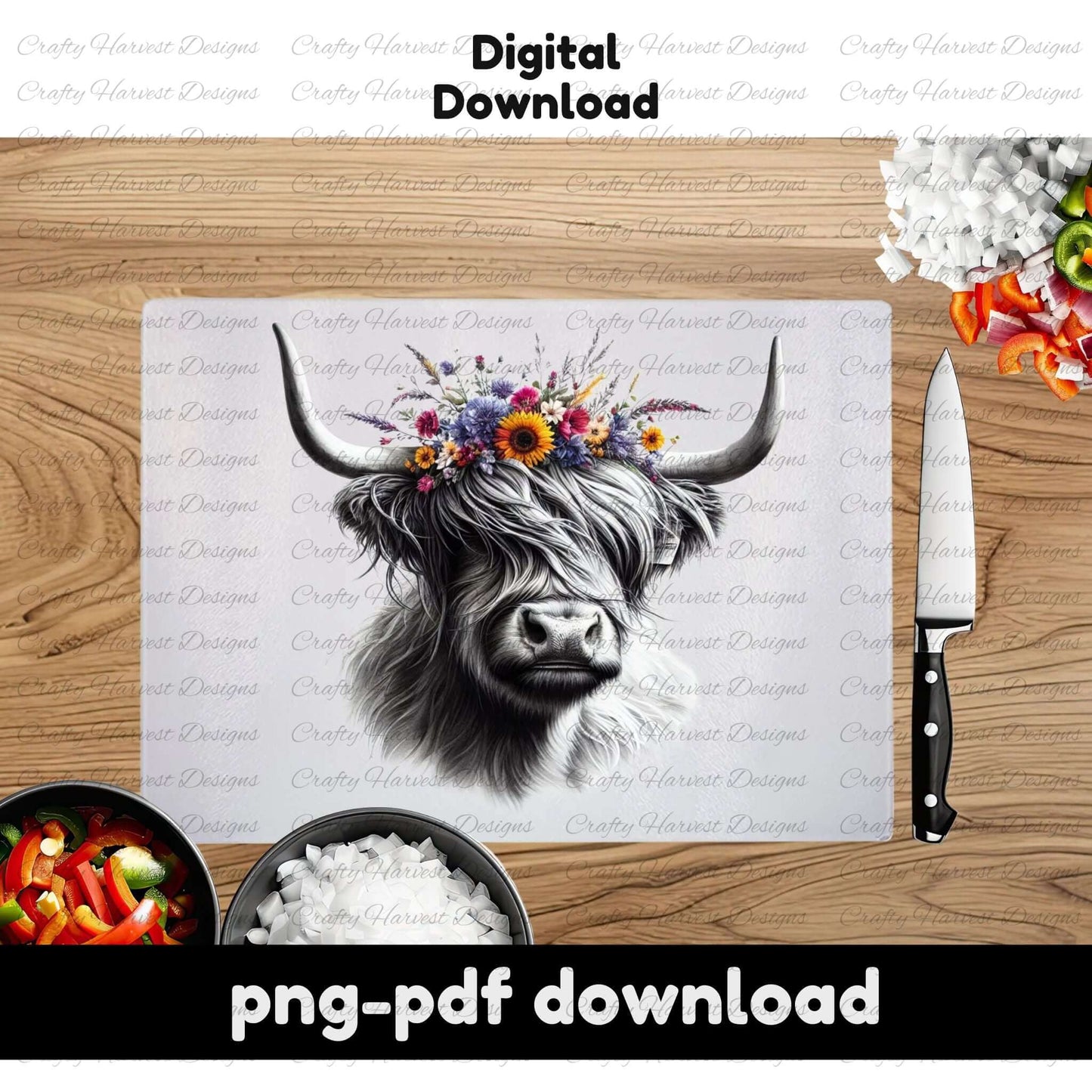 Cutting board with a cow design on a wooden surface with a knife and food items.