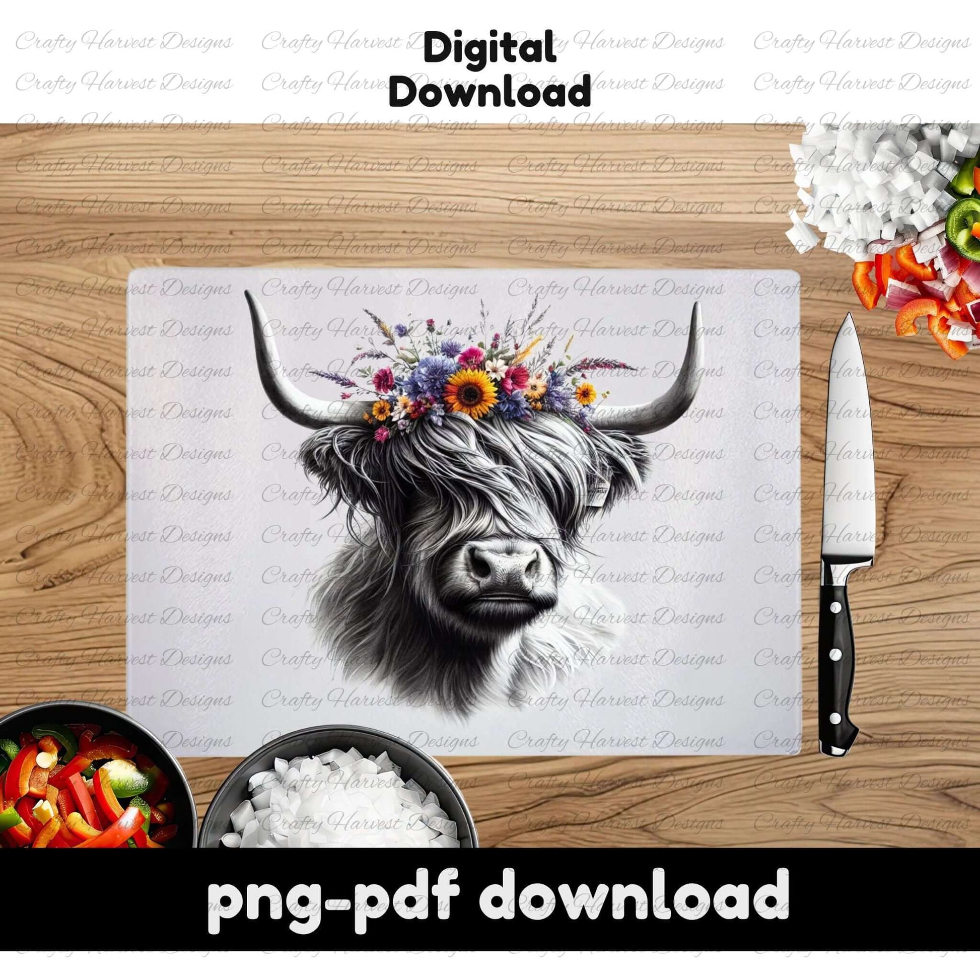Cutting board with a cow design on a wooden surface with a knife and food items.