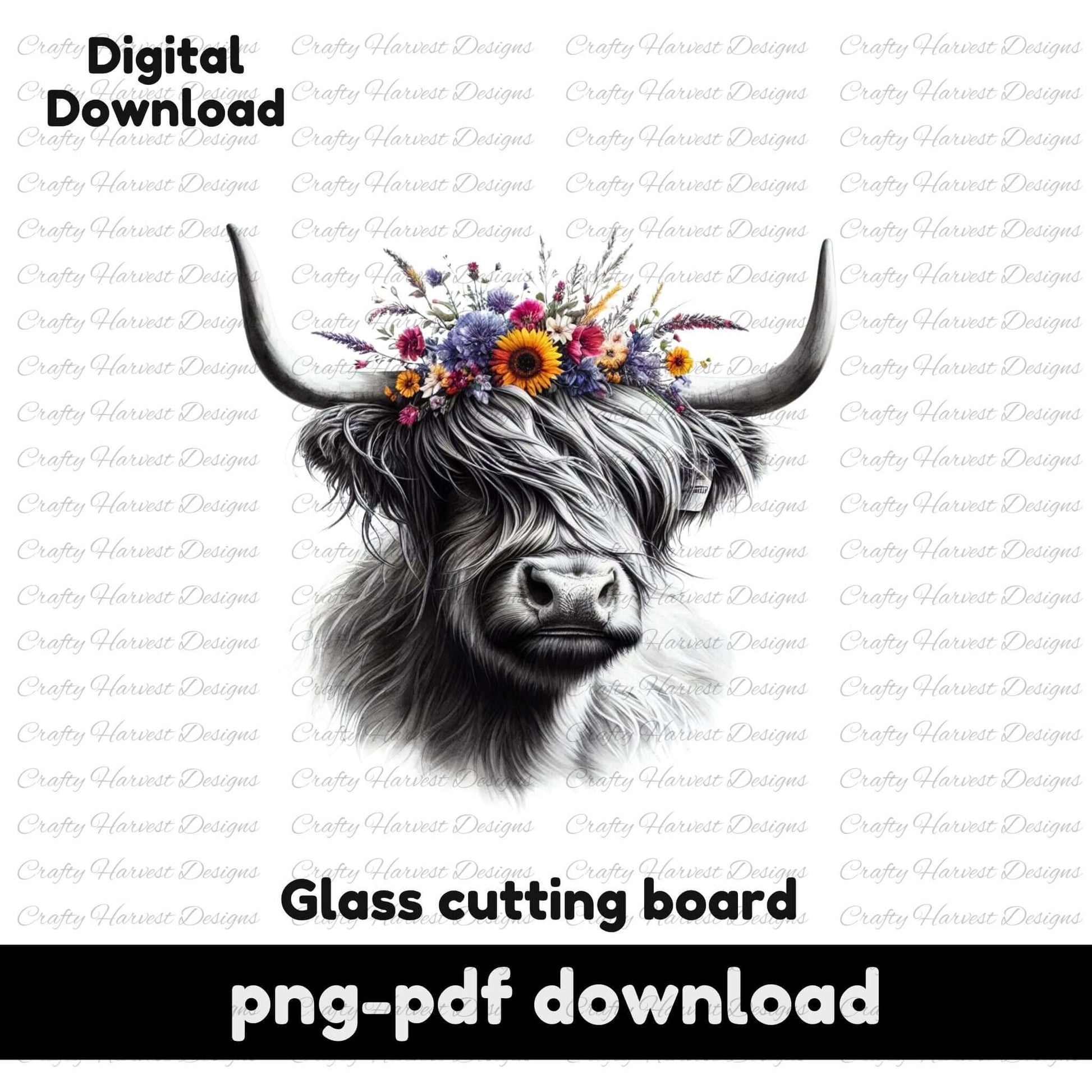 Digital download of a highland cow with floral crown on a white background