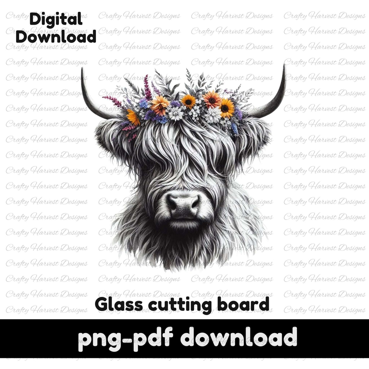 Highland cow with floral crown on a white background with 'Crafty Harvest Designs' text.