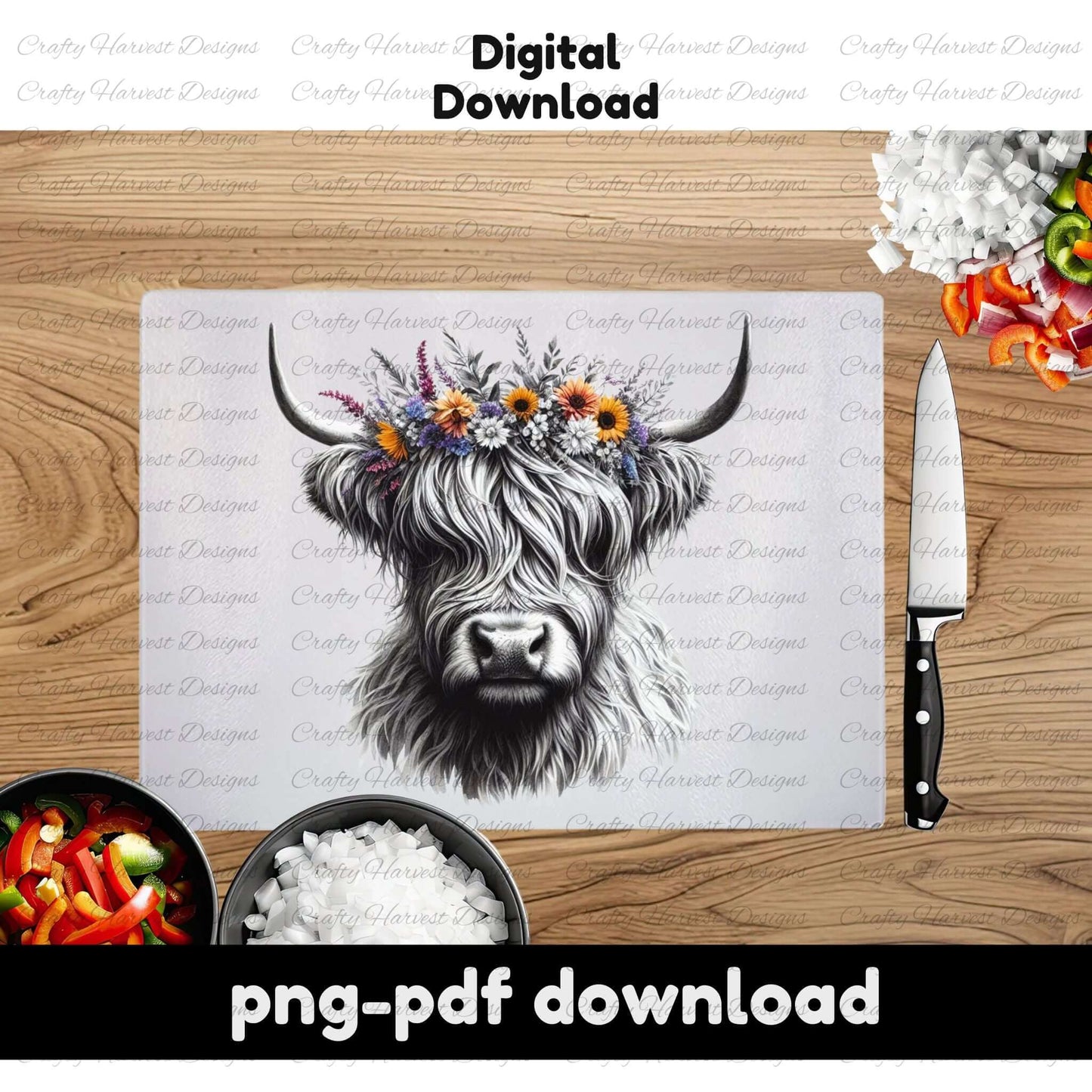 Cutting board with cow design on a wooden surface with knife and vegetables.