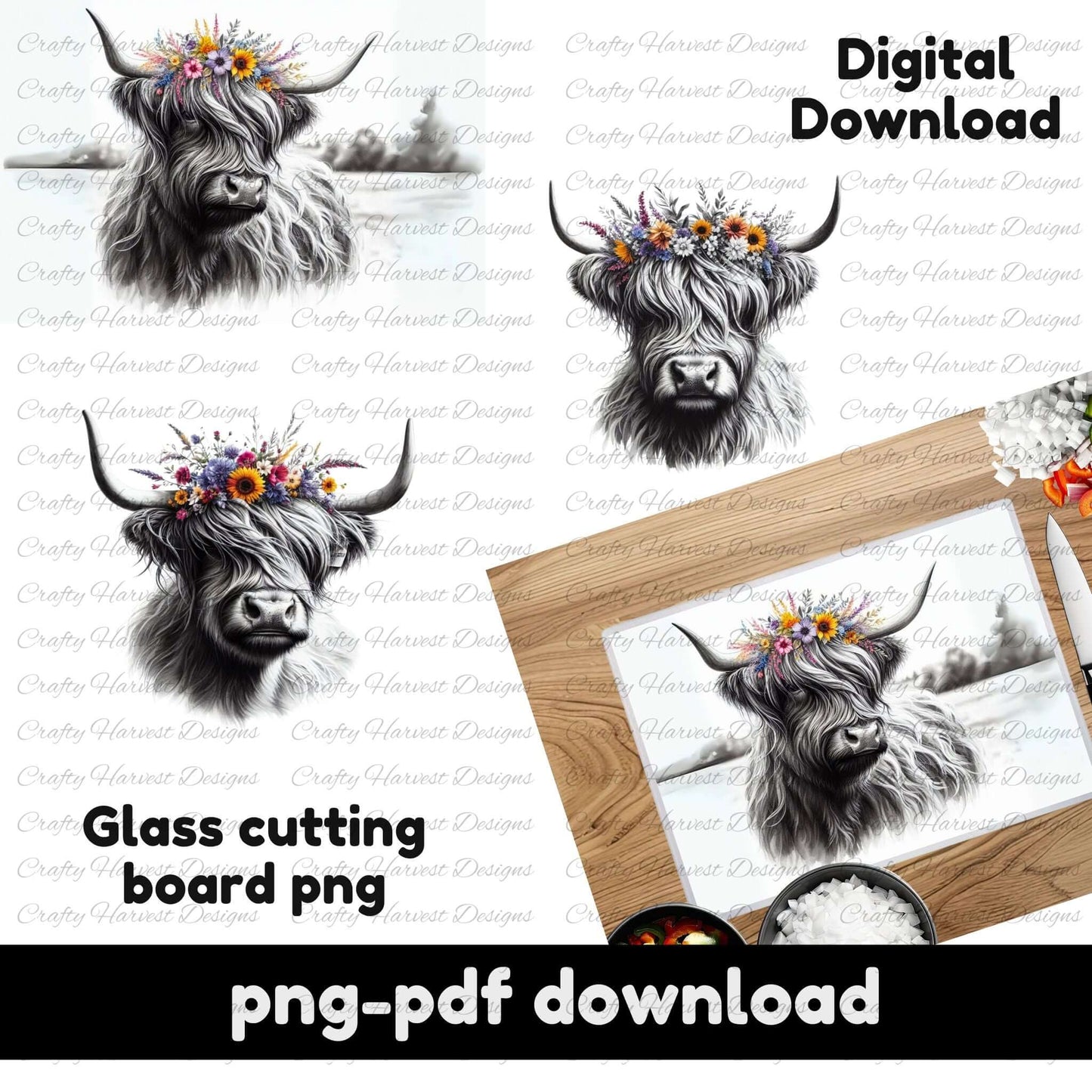 Highland cow with floral crown on glass cutting board design