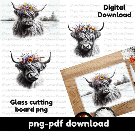 Highland cow with floral crown on glass cutting board design
