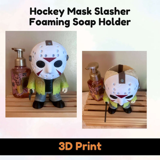 A product listing graphic for a 'Hockey Mask Slasher Foaming Soap Holder'. The image features two side-by-side product photos of a small figurine resembling Jason Voorhees wearing a hockey mask, standing next to a pump soap dispenser on a wooden slatted surface.