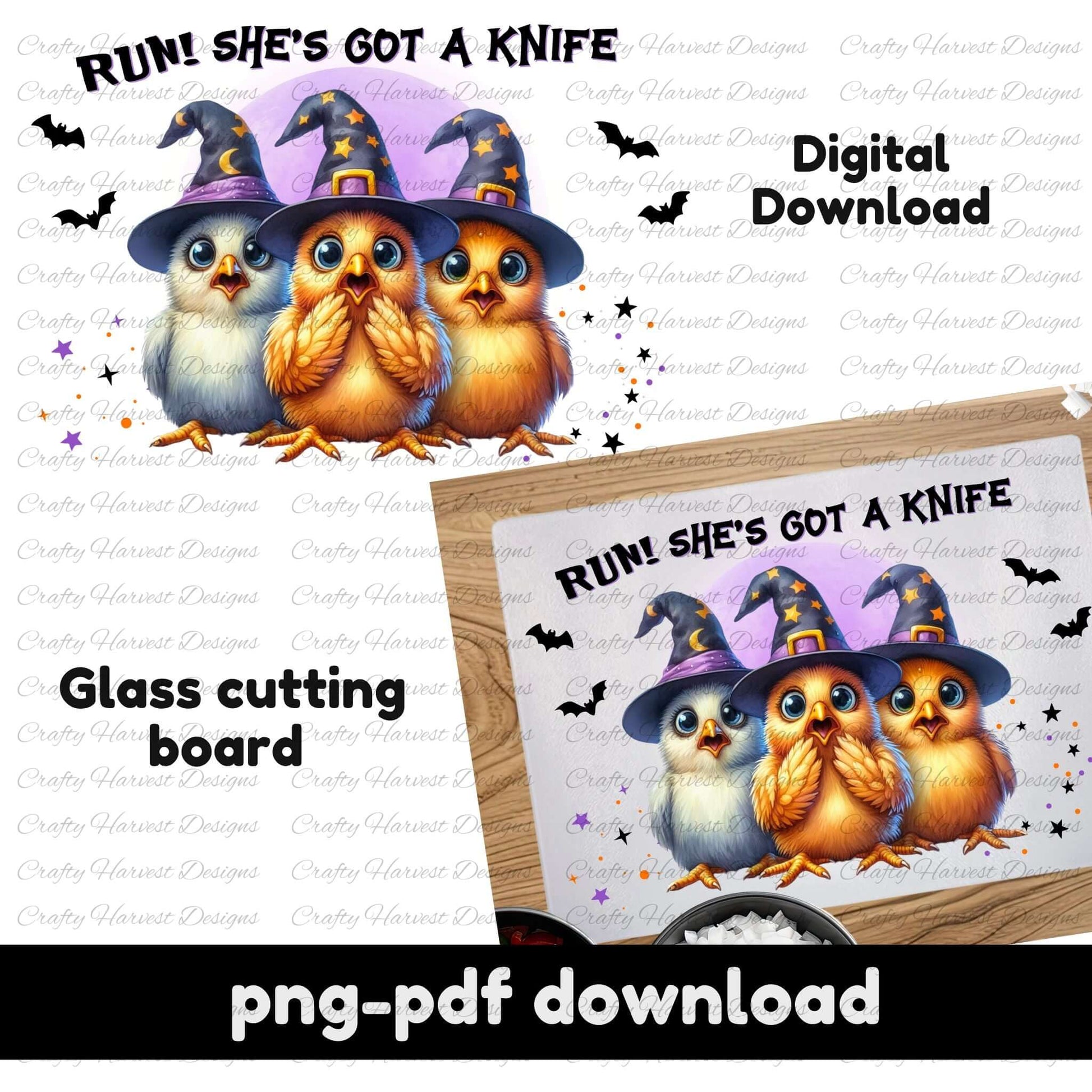 Glass cutting board with cartoon chicks in witch hats and text 'Run! She's got a knife' on a white background.