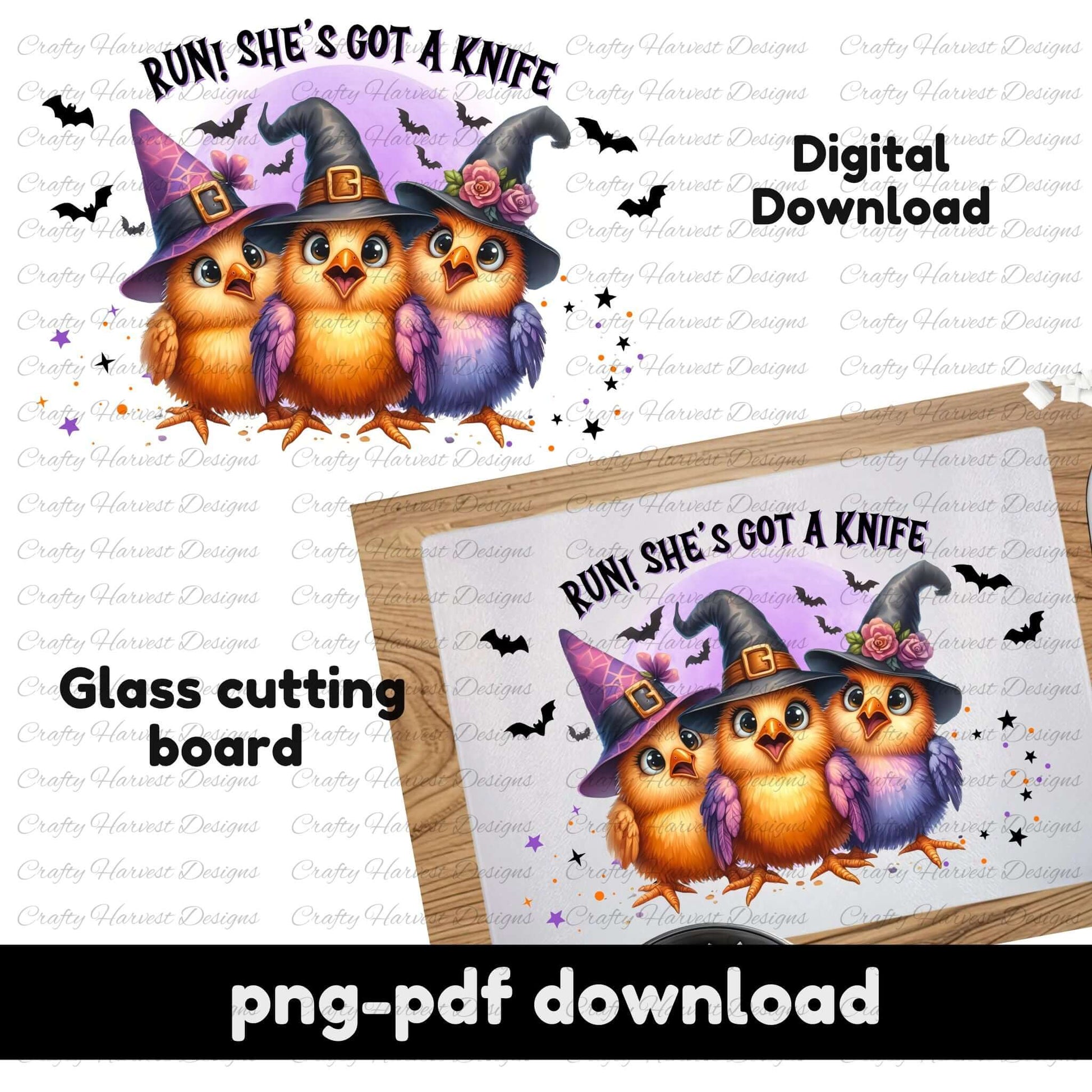 Glass cutting board with Halloween-themed design of three chicks in witch hats and text 'Run! She's got a knife'.