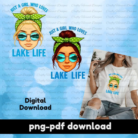 Digital mockup featuring two “Just a Girl Who Loves Lake Life” designs—one blonde and one brunette—wearing green polka dot bandanas and reflective lake sunglasses. A model displays the blonde design on a white t-shirt. Text reads “Digital Download” and “png-pdf download,” indicating an instant digital product.