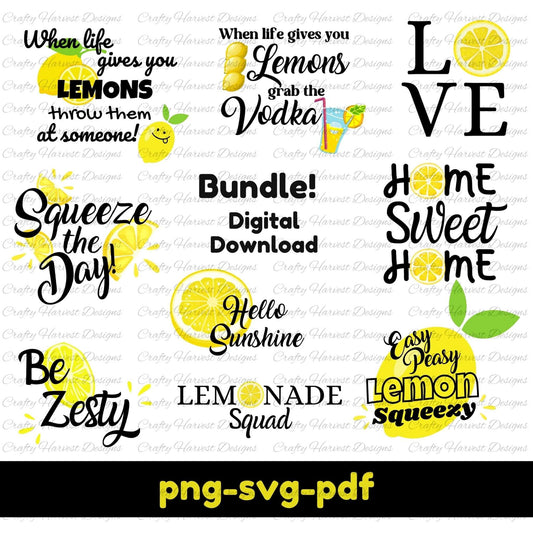 A collection of lemon-themed quote designs in various fonts and styles, featuring lemons, citrus slices, and playful text. Quotes include “When life gives you lemons, throw them at someone!”, “Squeeze the Day!”, “Be Zesty!”, “Easy Peasy Lemon Squeezy!”, “When life gives you lemons, grab the vodka!”, and more. The bundle is labeled as a digital download in PNG, SVG, and PDF formats.