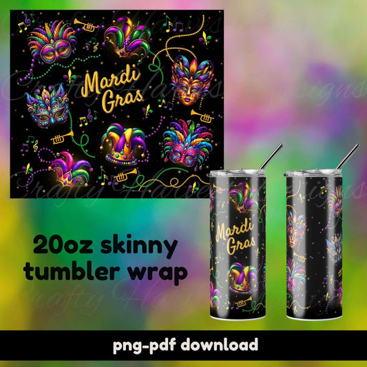 Mardi Gras Mask Tumbler Wrap | 20oz Skinny PNG-PDF Download - Crafty Harvest Designs