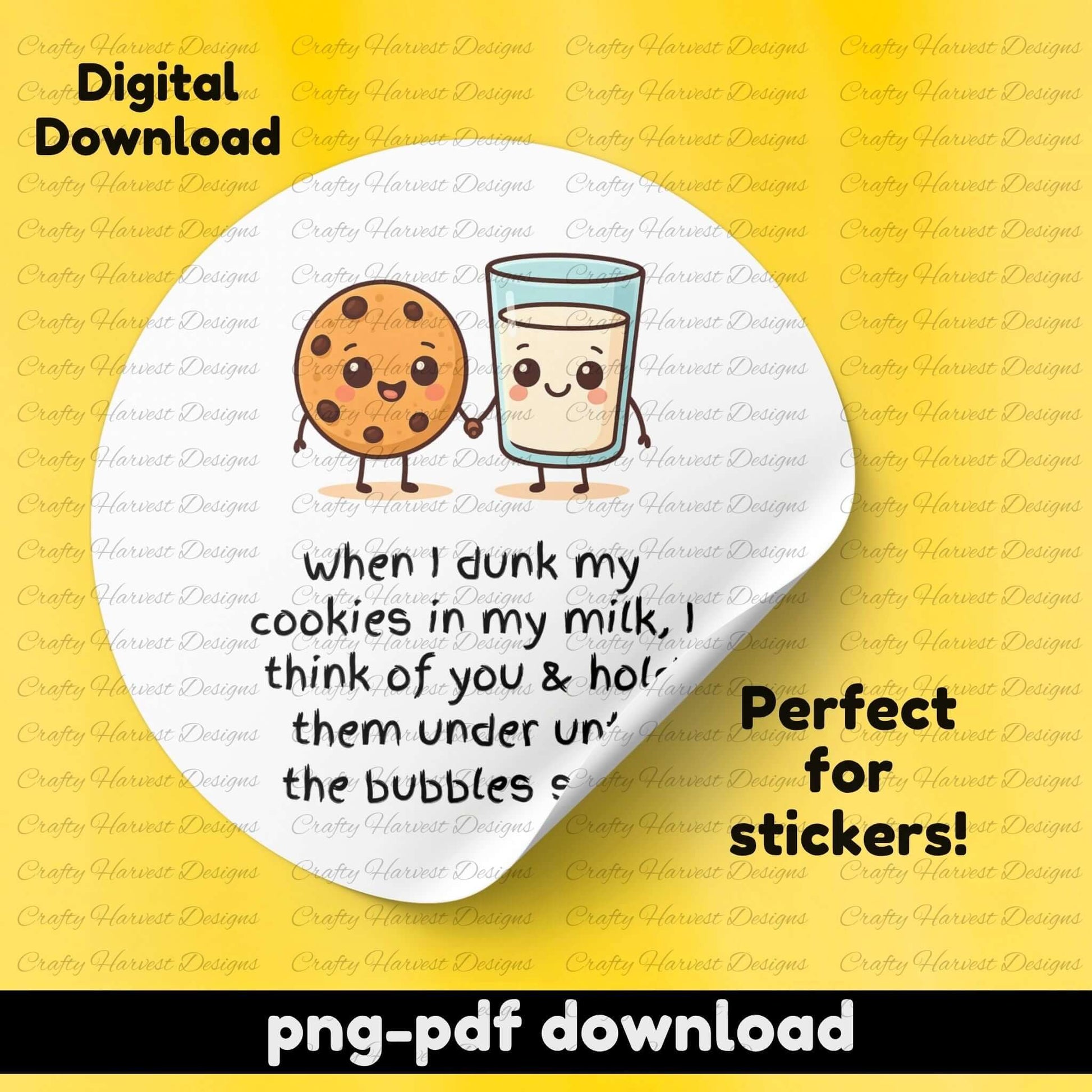 Digital download graphic with cartoon cookie and milk glass on a yellow background, featuring text and branding.