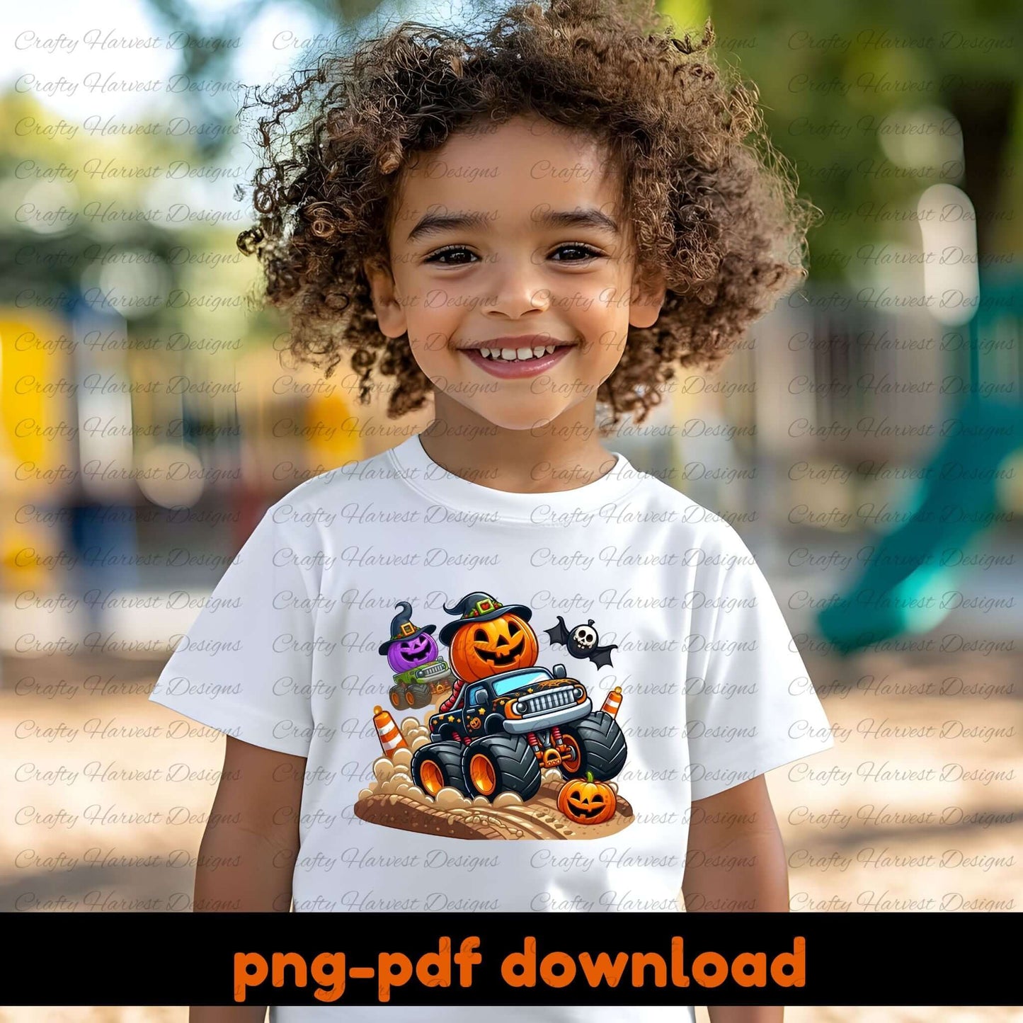 Child wearing a white t-shirt with Halloween-themed design outdoors
