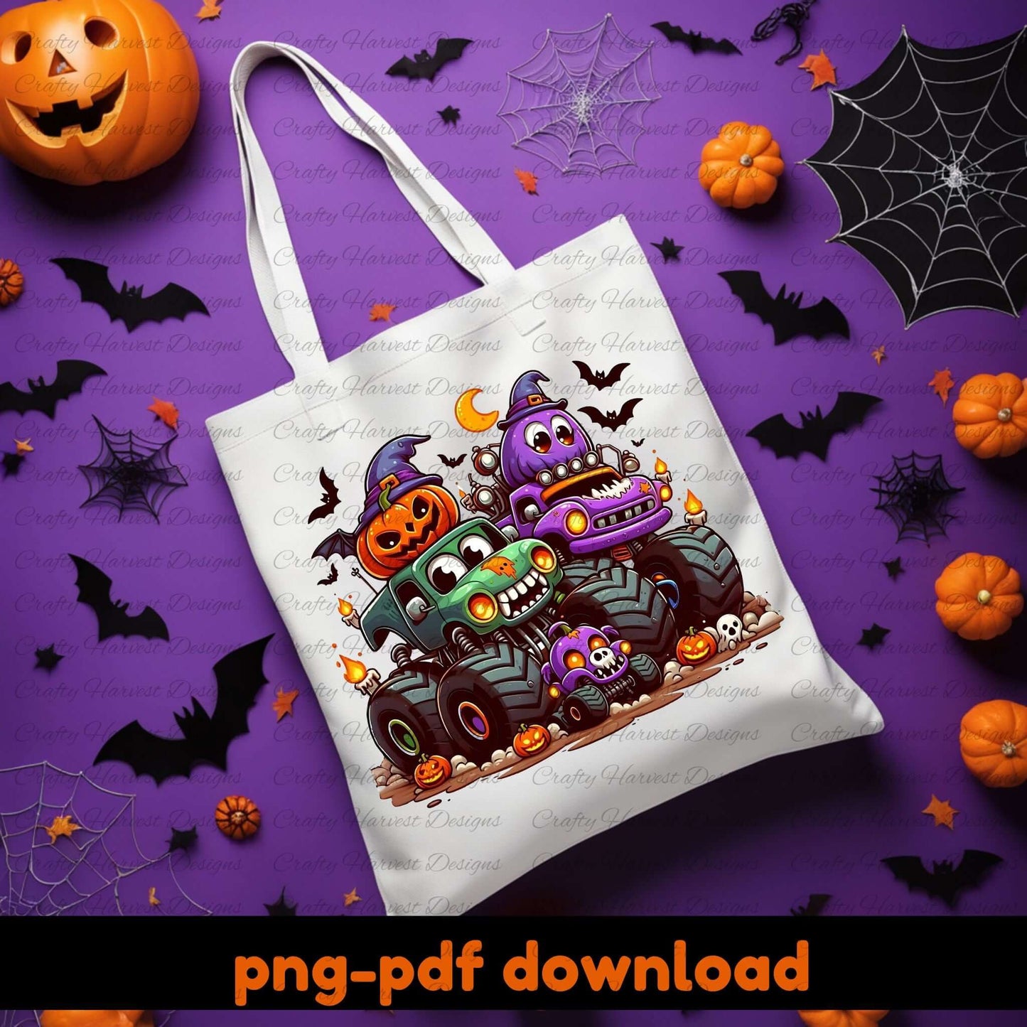Halloween-themed tote bag with cartoon monsters on a purple background with pumpkins and bats.