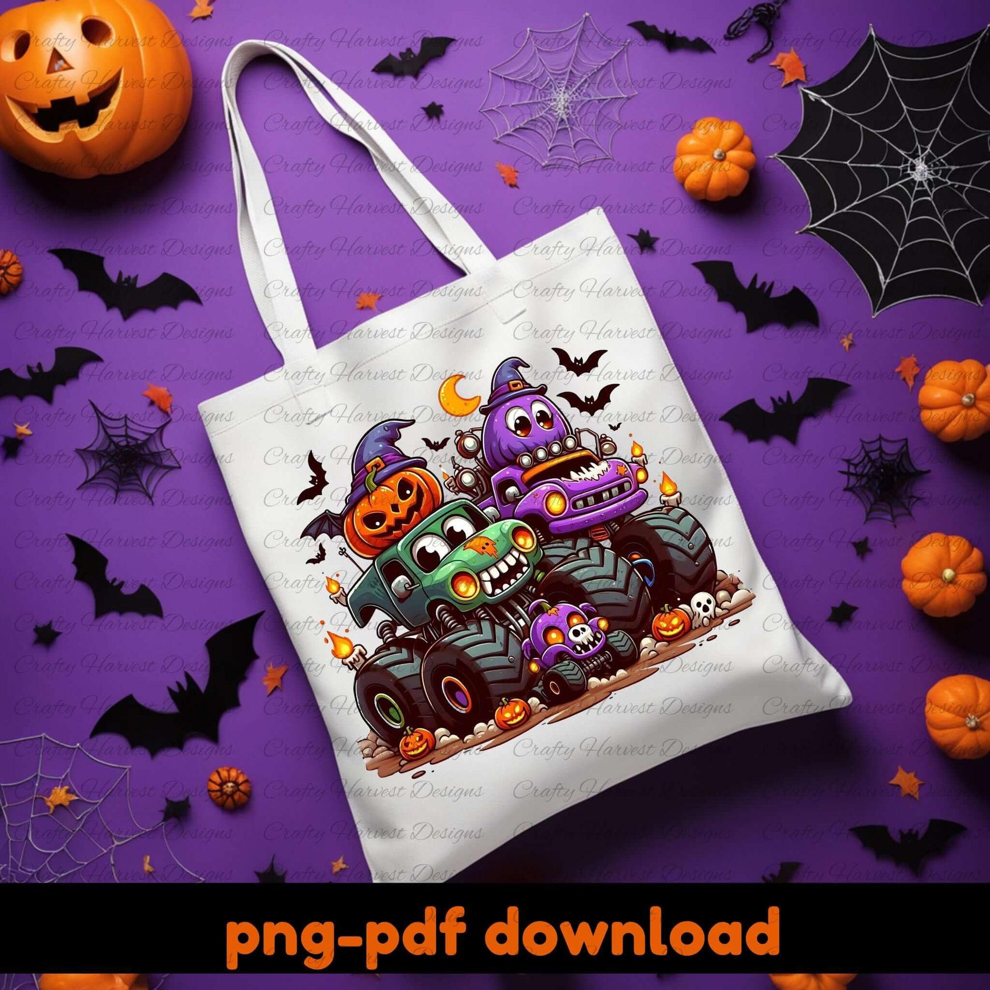 Halloween-themed tote bag with cartoon monsters on a purple background with pumpkins and bats.