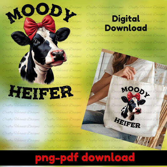Digital download graphic of a cow with a red bow and 'Moody Heifer' text, shown on a tote bag.