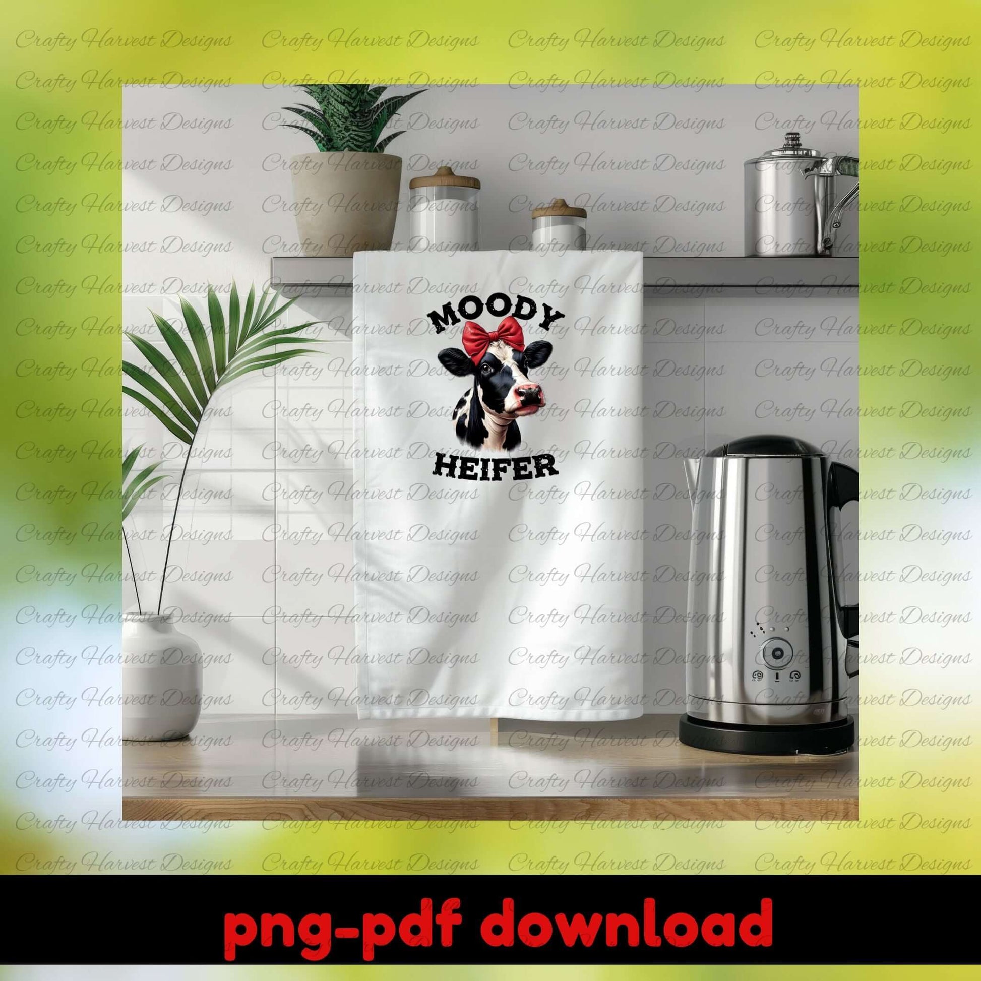 Towel with cow design and text on a kitchen counter with a kettle and plants.
