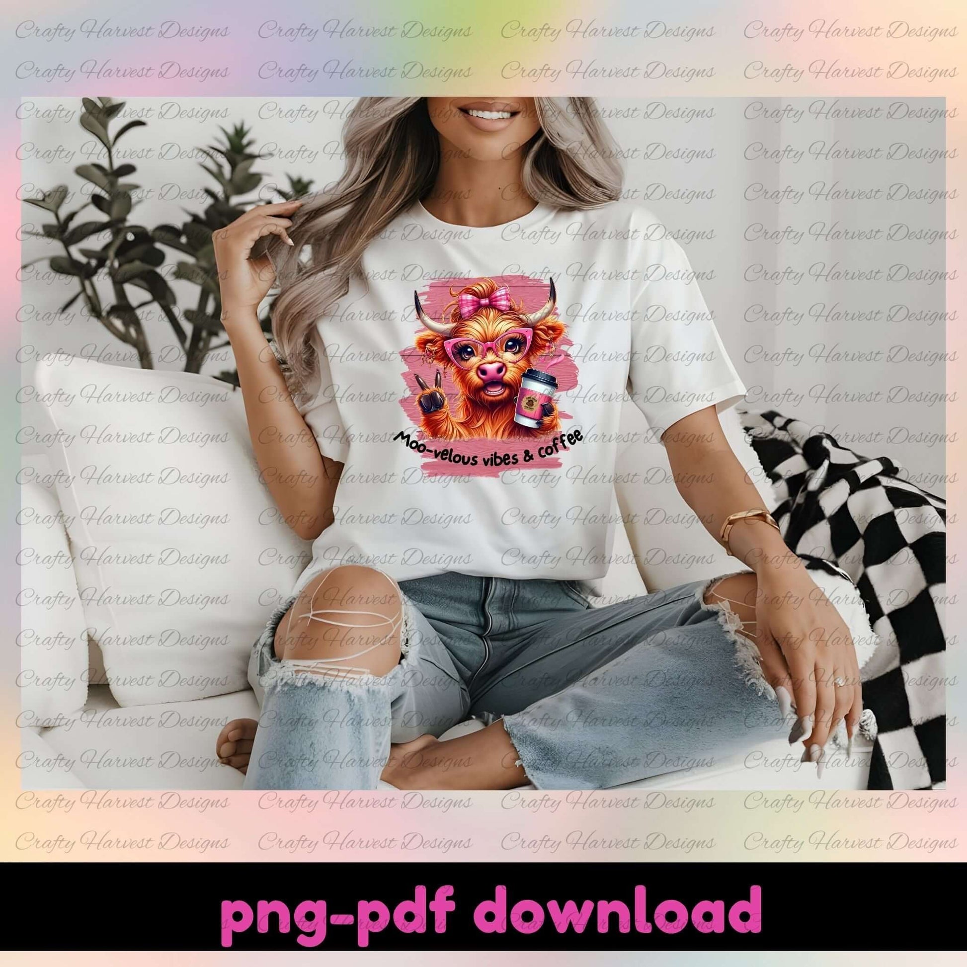 Woman wearing a white t-shirt with a colorful graphic design, sitting on a couch.
