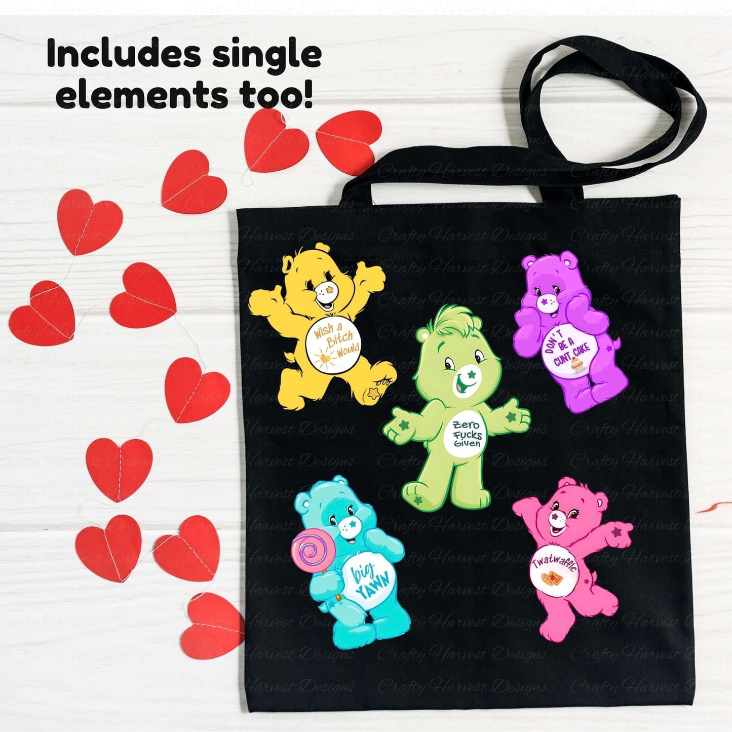 Black tote bag mockup featuring colorful Swear Bears with phrases like “Wish a Bitch Would,” “Zero Fucks Given,” “Don’t Be a Cunt Cake,” and “Twatwaffle.” Red heart decorations are arranged on the table.
