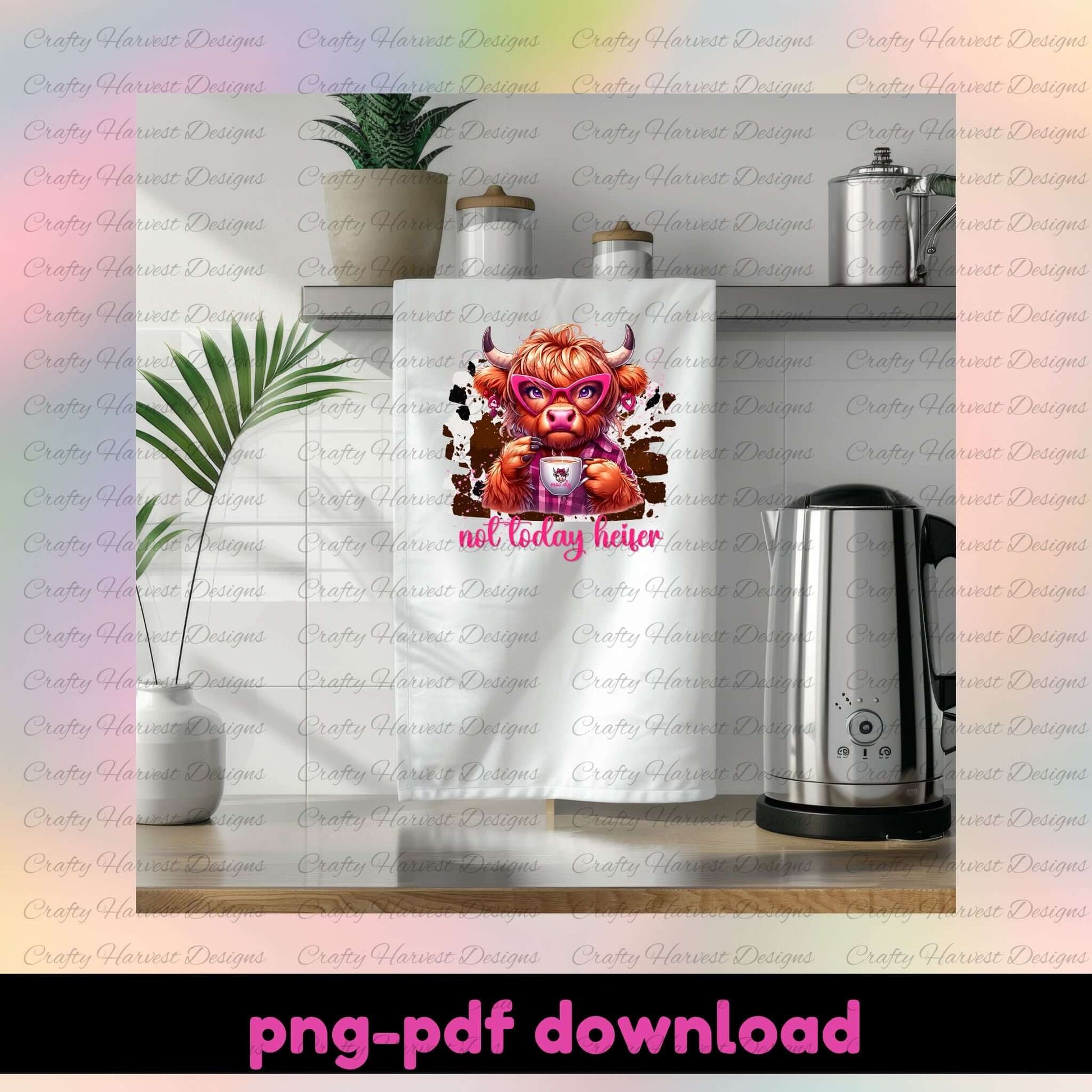 Tea towel with a colorful bull design and 'Not Today' text on a kitchen counter.