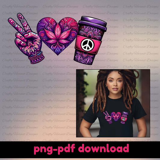 Mockup featuring a peace-themed design with a vibrant purple and pink color scheme. Includes a peace sign hand, a heart with intricate floral patterns, and a coffee cup with a peace symbol. Displayed on a black t-shirt worn by a model and available as a PNG-PDF download