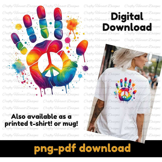 Rainbow dripping paint handprint with a peace symbol in the center. Includes a mockup of the design on a white t-shirt. Digital download available in PNG and PDF formats.