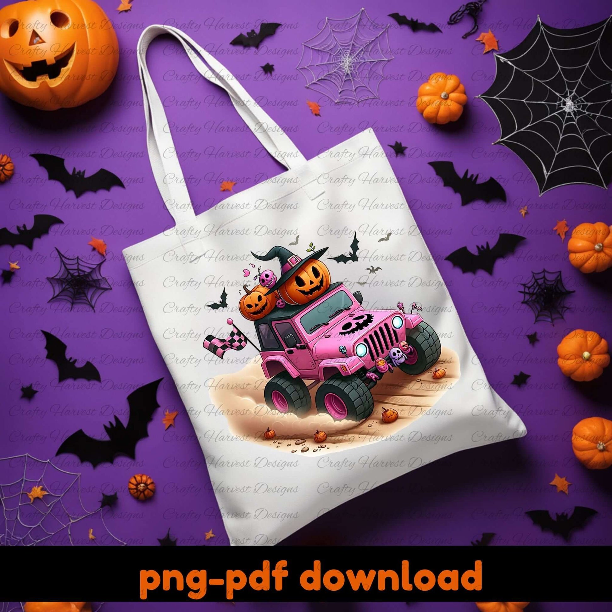 White tote bag with pink Jeep and Halloween pumpkins design on a purple background with Halloween decorations.