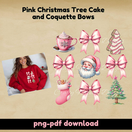 Pink Christmas Tree Cake Coquette Bow PNG | Cute Holiday Design Download - Crafty Harvest Designs