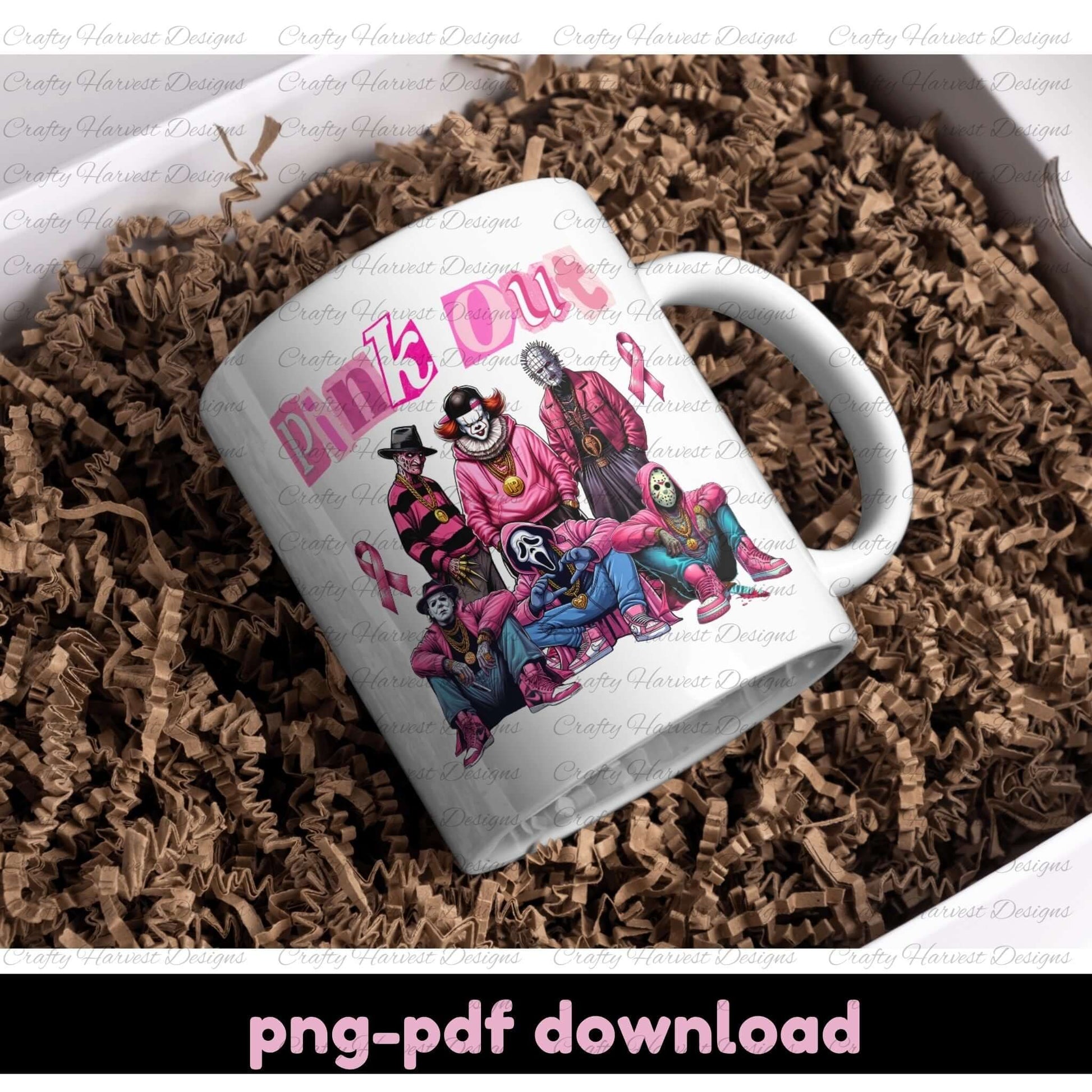 White mug with colorful design and 'Pink Dot' text on a brown crinkled paper background
