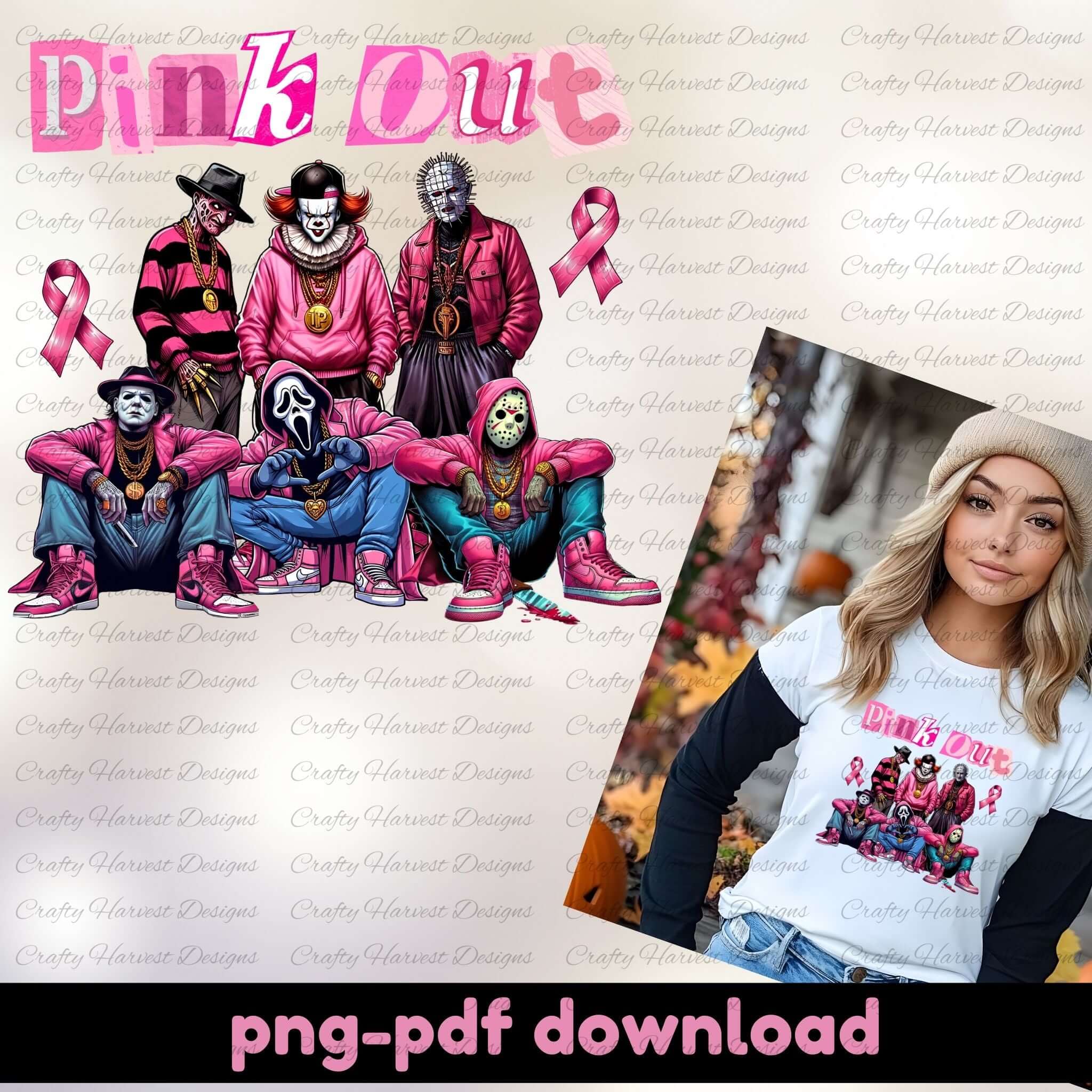 Collage of people in pink-themed outfits with a woman wearing a matching shirt, featuring 'Pink Out' text.