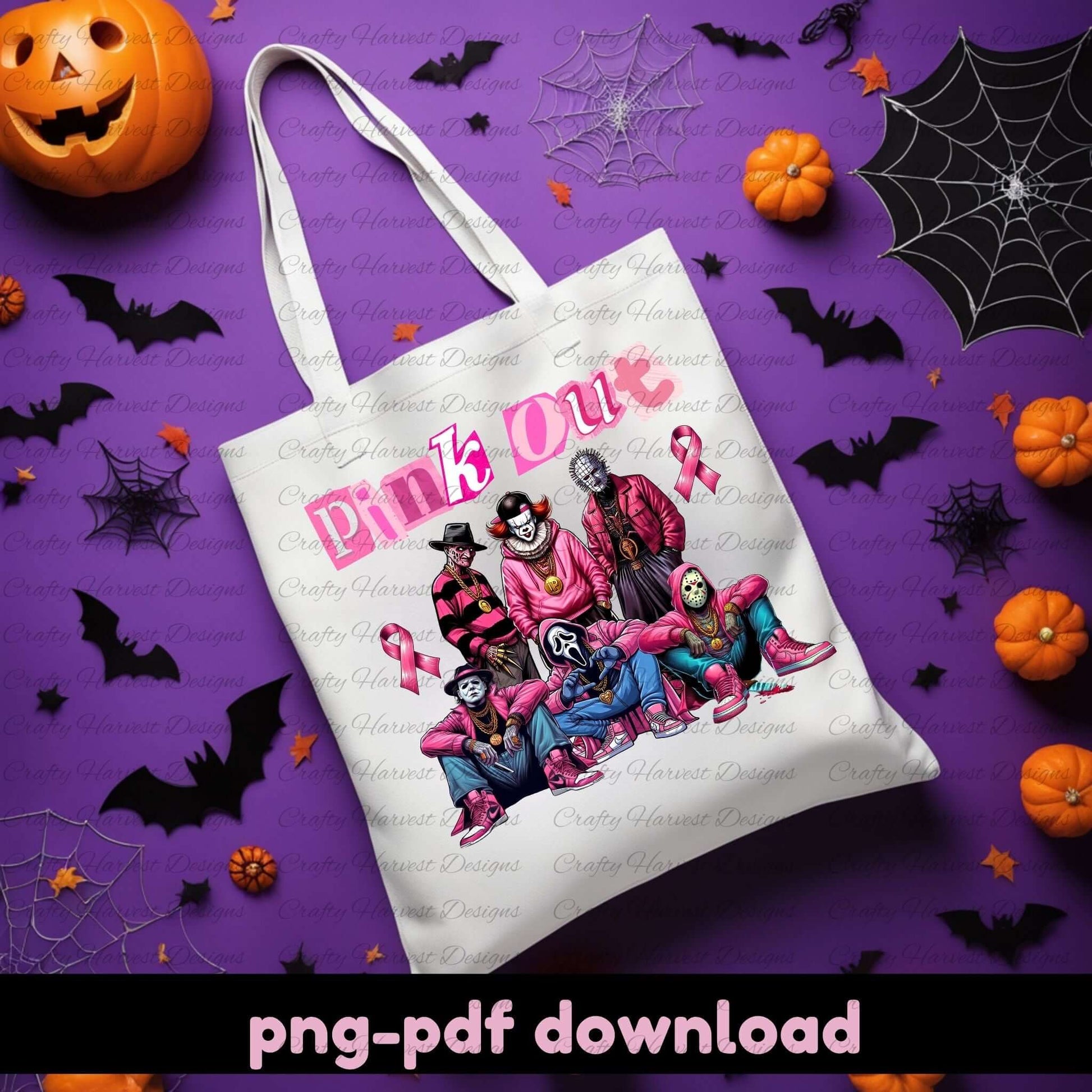 Tote bag with graphic design on a purple background with Halloween decorations