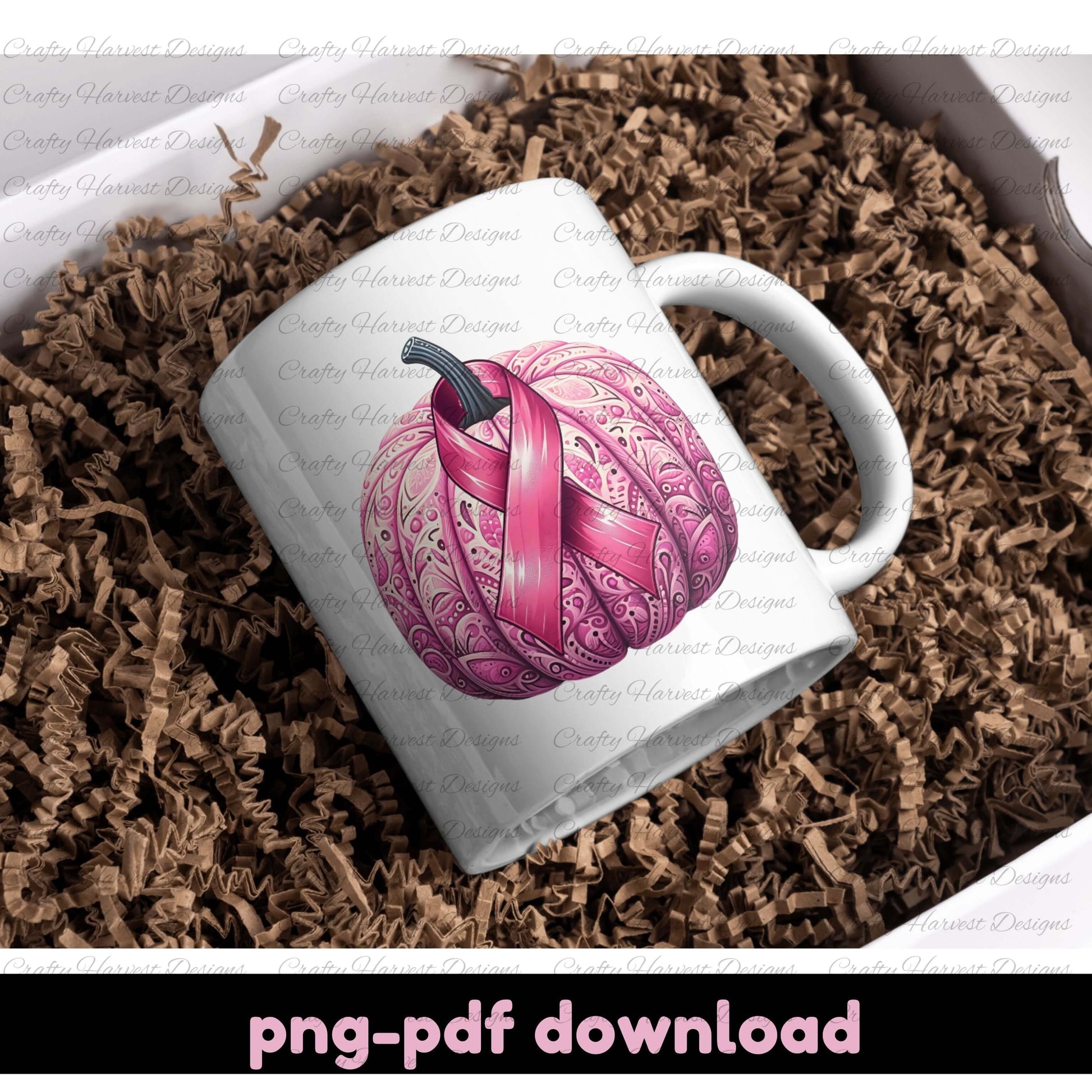 White mug with pink pumpkin design on brown crinkled paper
