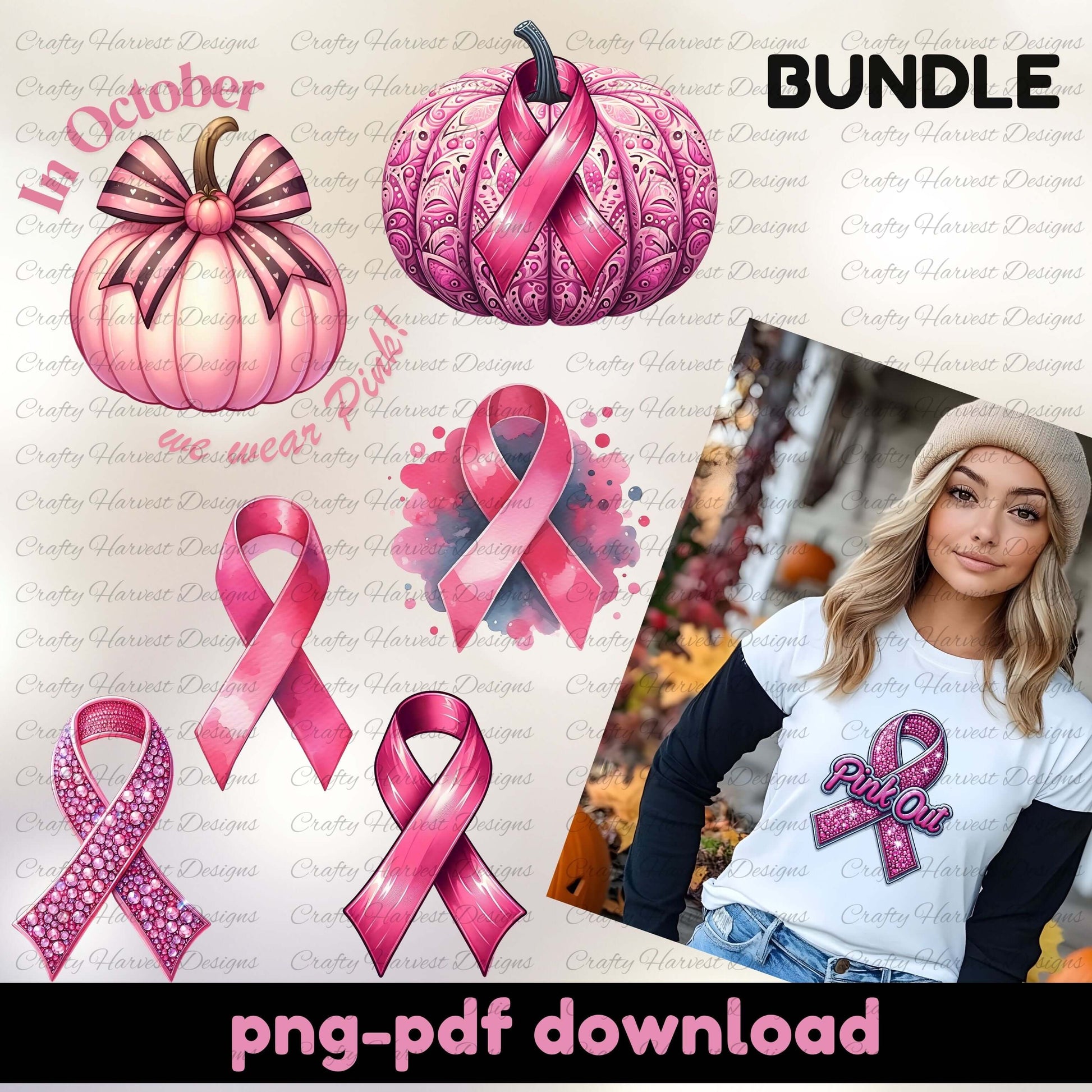 Pink pumpkins and ribbons with a person wearing a shirt with a pink ribbon design, all related to breast cancer awareness.
