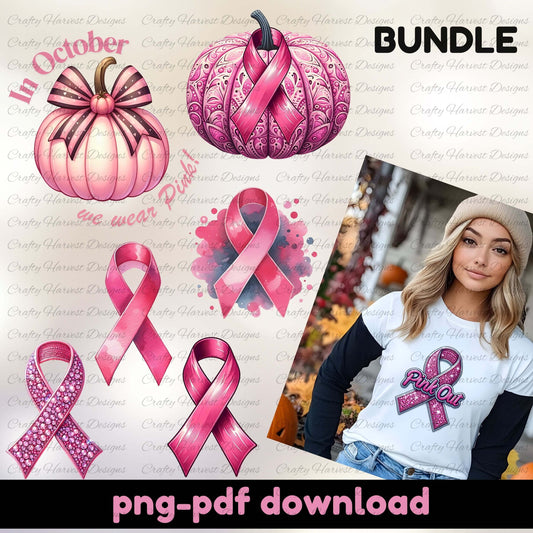 Pink pumpkins and ribbons with a person wearing a shirt with a pink ribbon design, all related to breast cancer awareness.