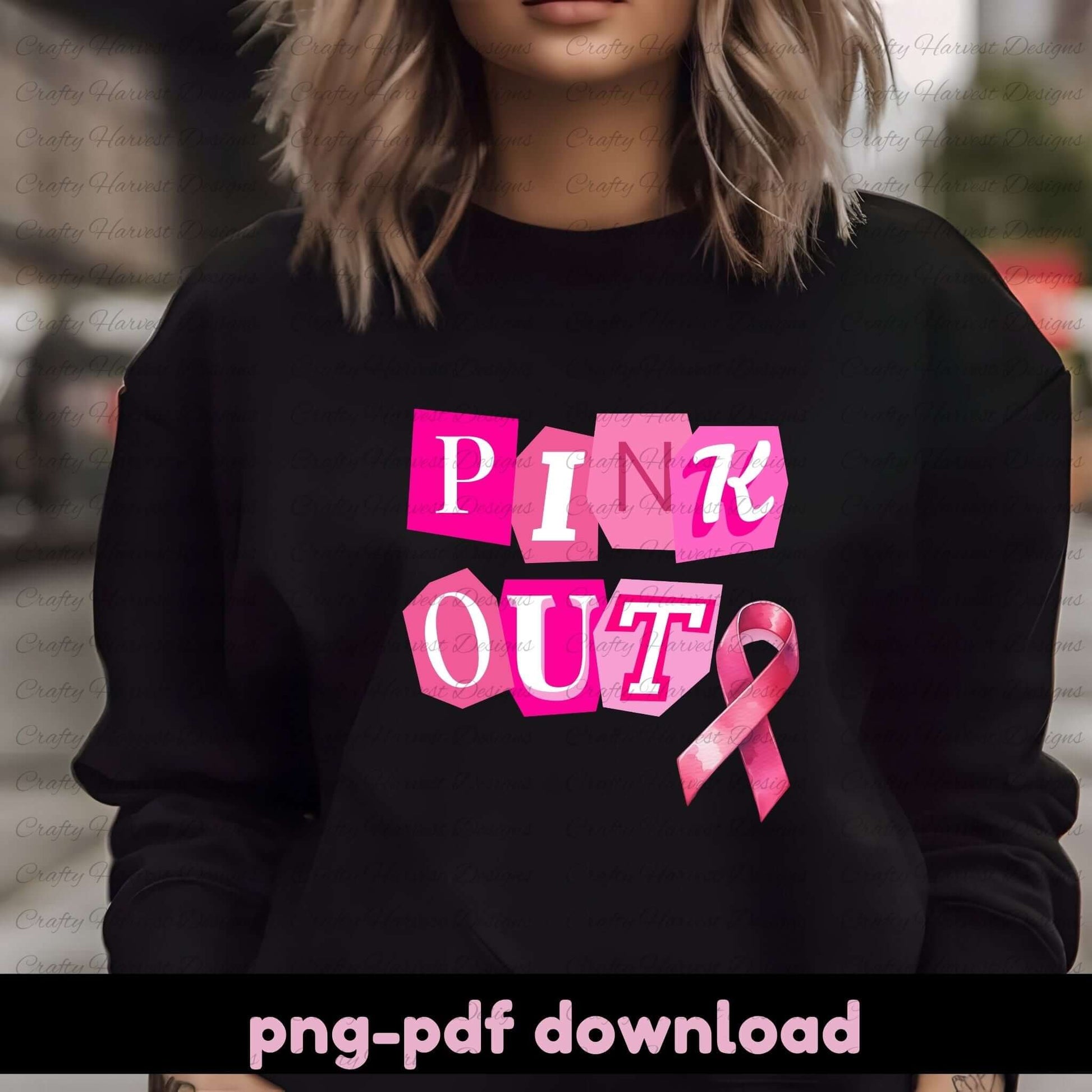 Person wearing a black sweatshirt with pink text and a pink ribbon, with 'png-pdf download' text at the bottom.