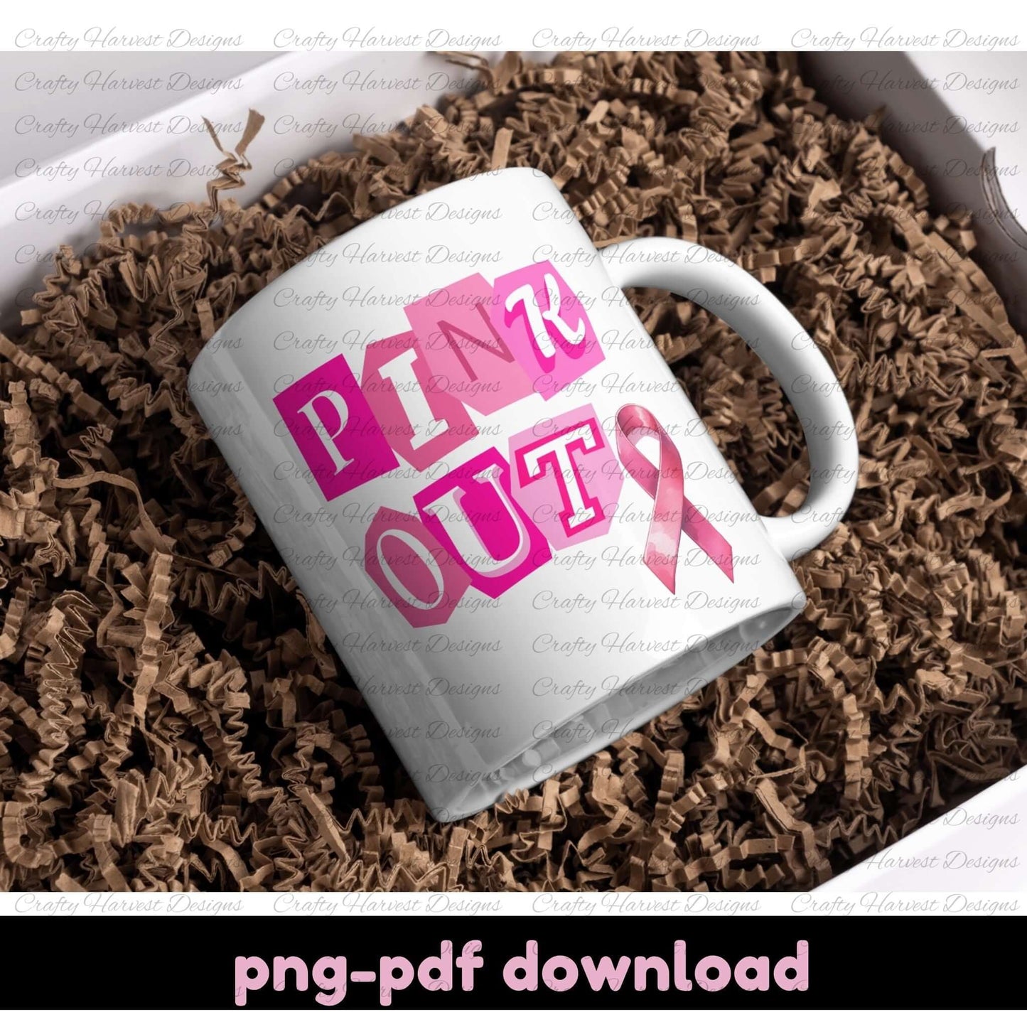 White mug with 'Pink Out' text and pink ribbon design on brown crinkled paper