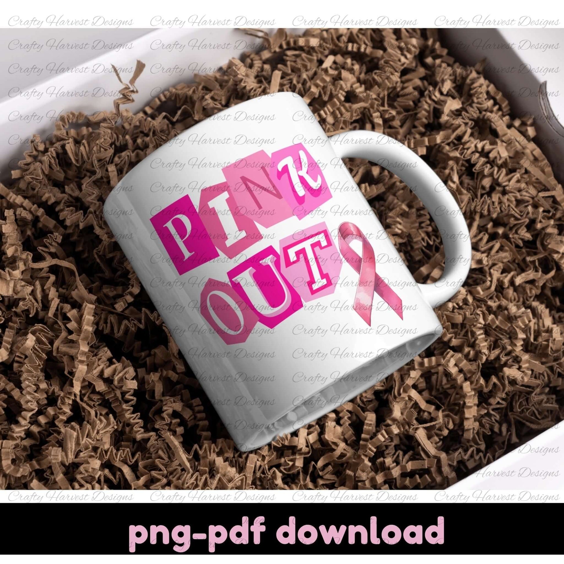 White mug with 'Pink Out' text and pink ribbon design on brown crinkled paper