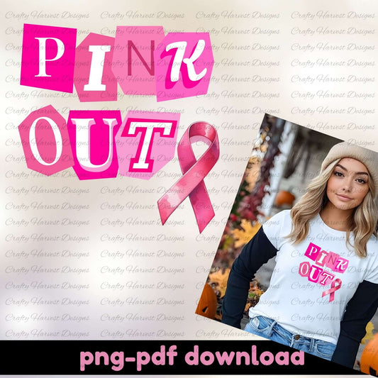 Woman wearing a 'Pink Out' shirt with a pink ribbon graphic, surrounded by 'Pink Out' text and branding.