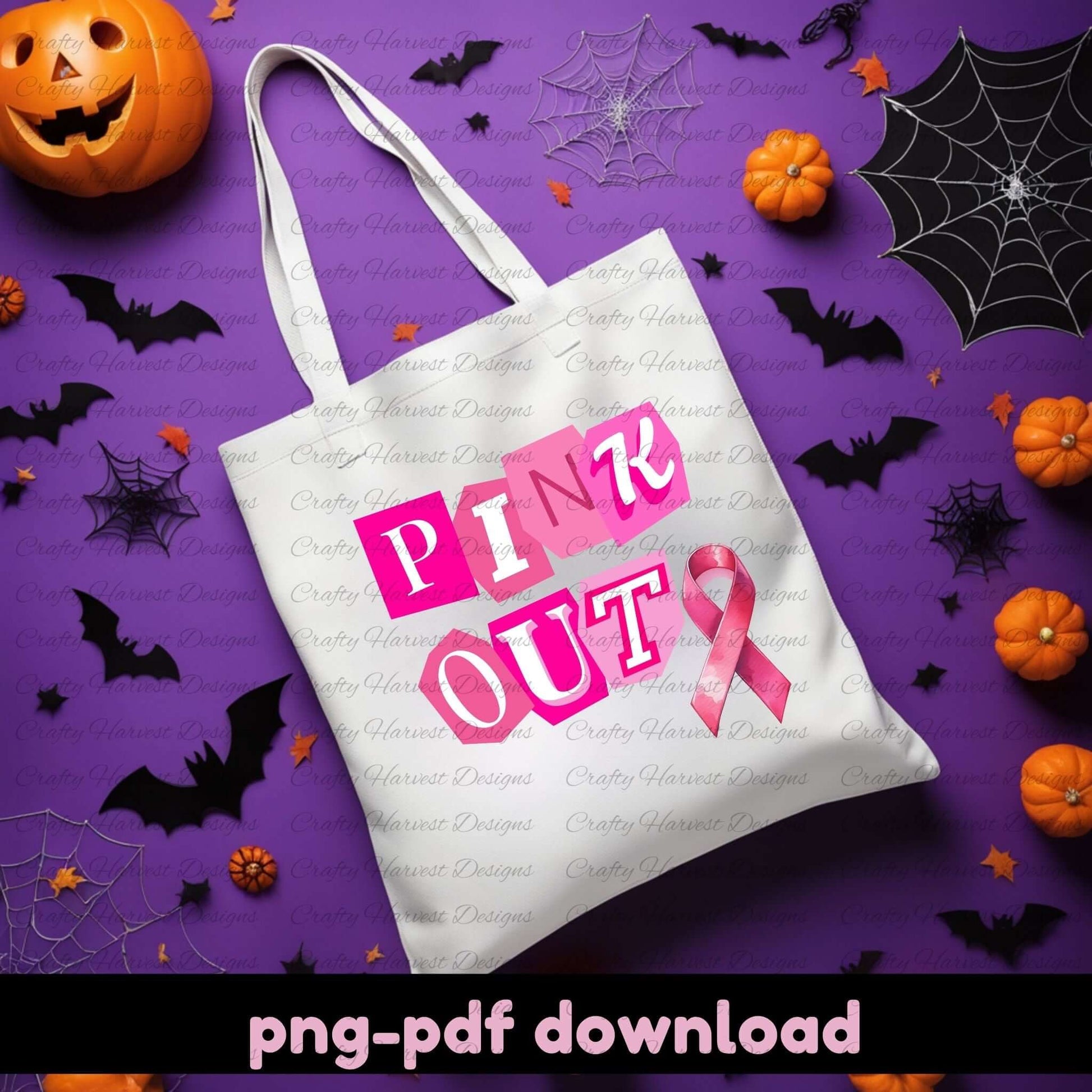 Tote bag with 'Pink Out' text and pink ribbon on a Halloween-themed background with pumpkins and bats.